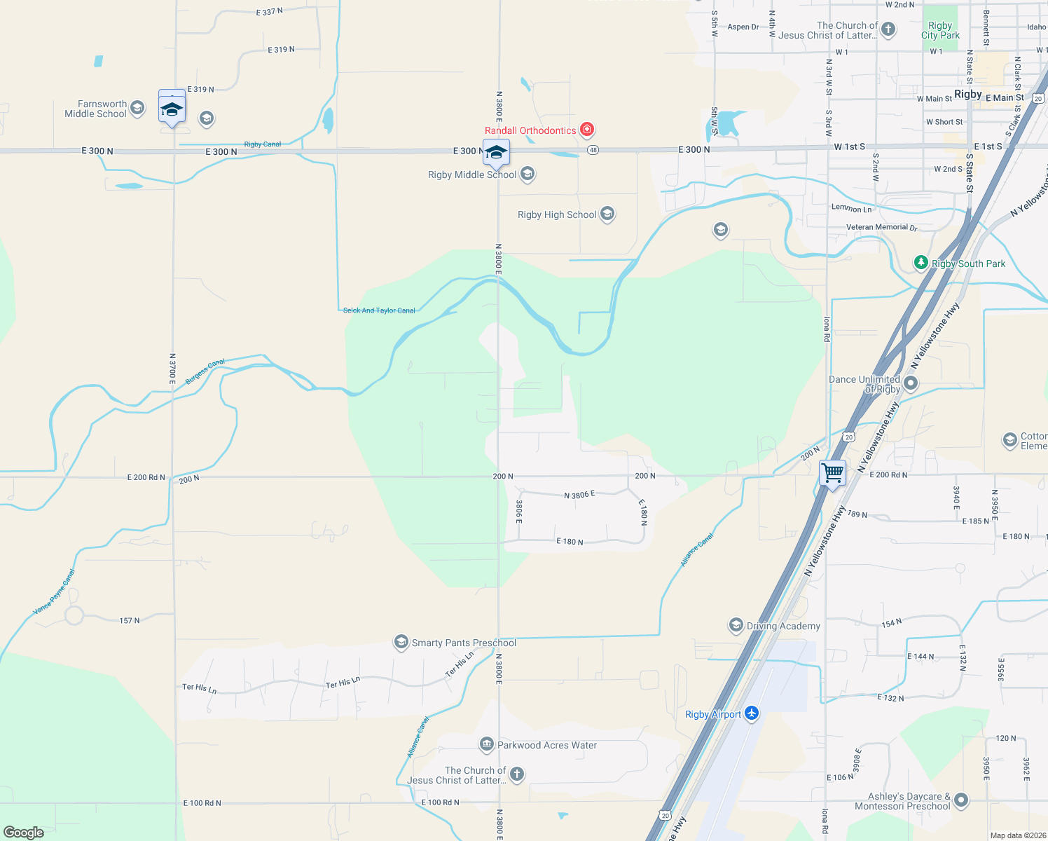 map of restaurants, bars, coffee shops, grocery stores, and more near 3809 E 214 N in Rigby