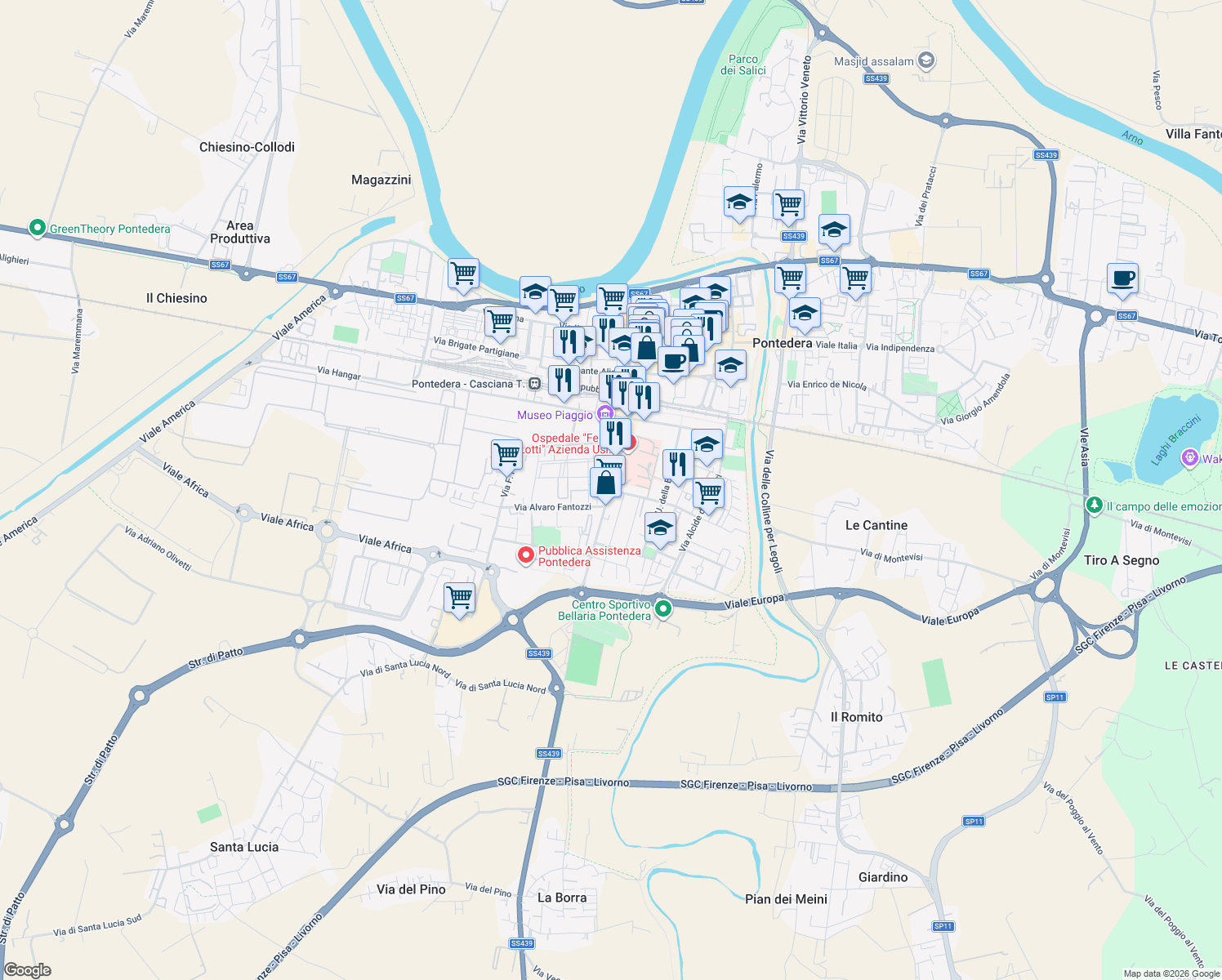 map of restaurants, bars, coffee shops, grocery stores, and more near 7 Via Galileo Galilei in Pontedera