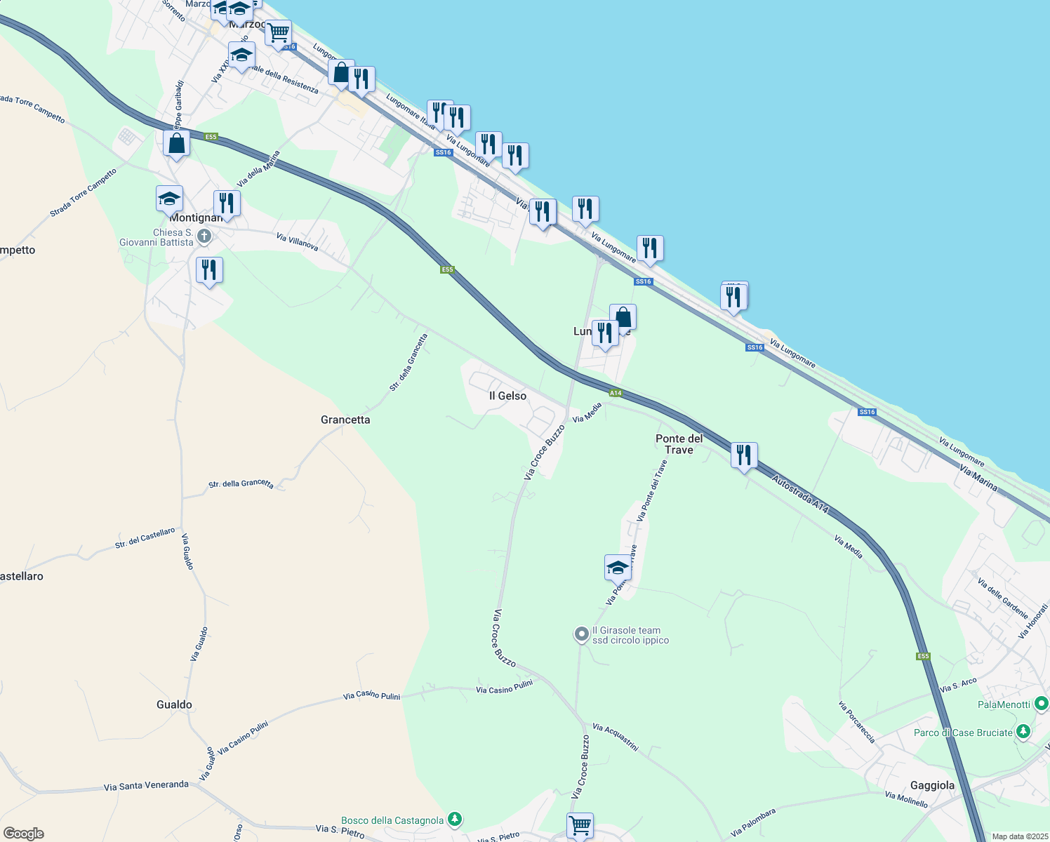 map of restaurants, bars, coffee shops, grocery stores, and more near 10 Via mare Tirreno in Il Gelso