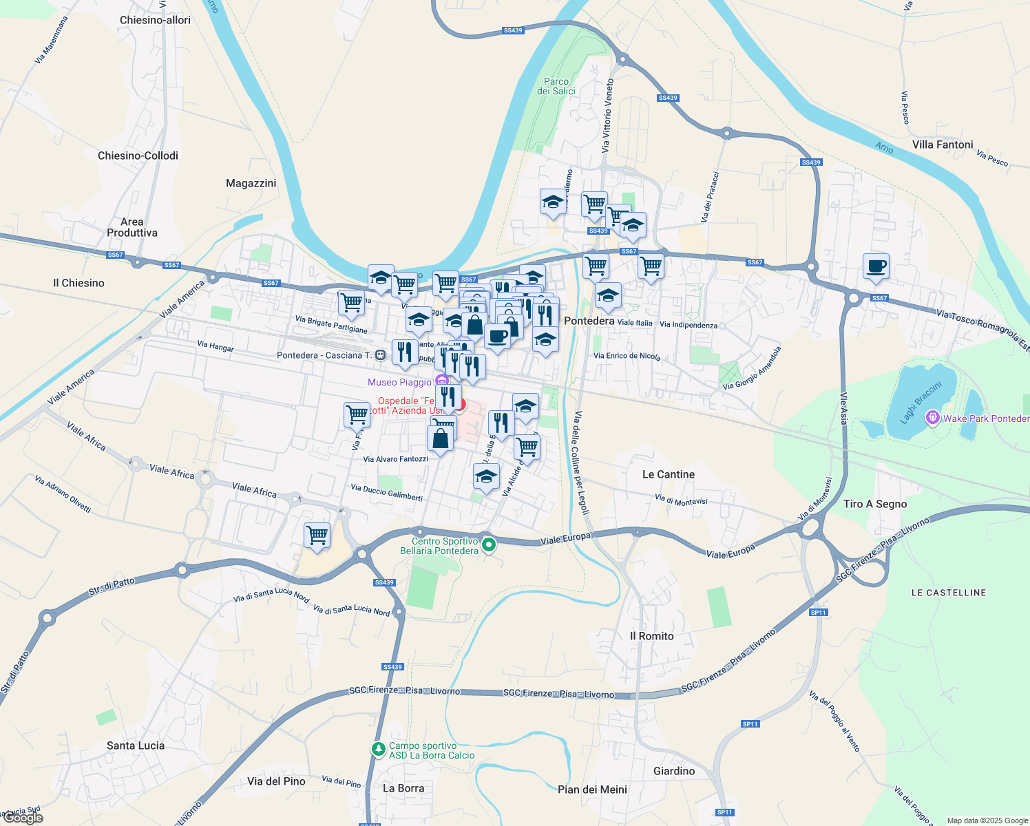 map of restaurants, bars, coffee shops, grocery stores, and more near 12 Via dei Cappuccini in Pontedera
