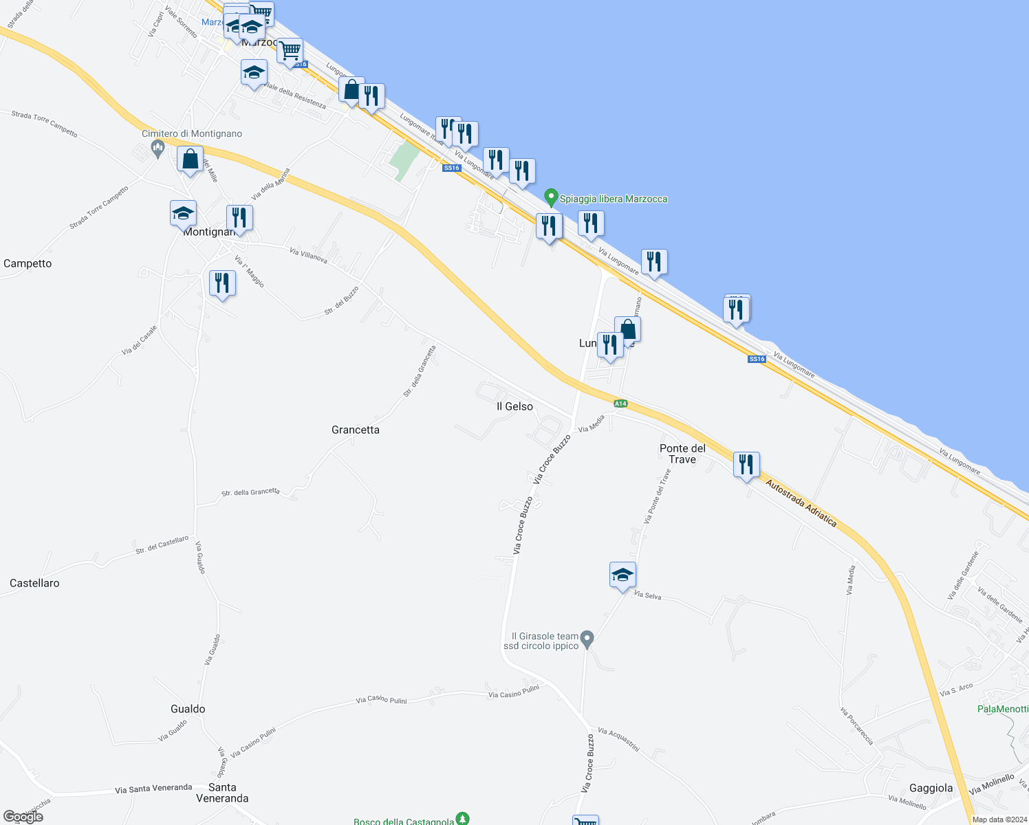 map of restaurants, bars, coffee shops, grocery stores, and more near 10 Via mare Tirreno in Il Gelso