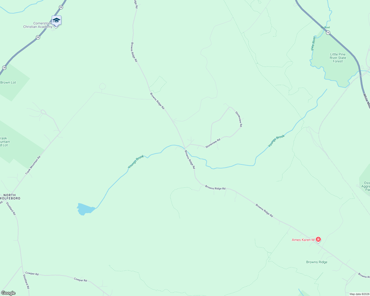 map of restaurants, bars, coffee shops, grocery stores, and more near 668 Browns Ridge Road in Ossipee