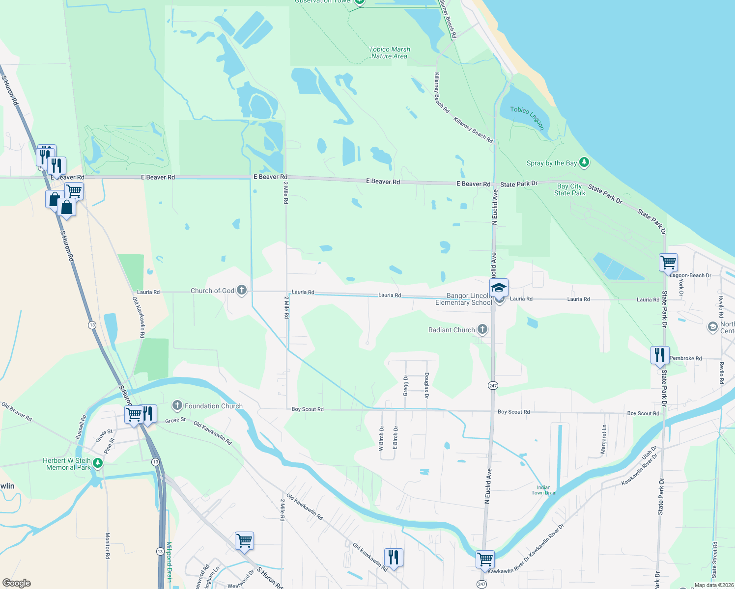map of restaurants, bars, coffee shops, grocery stores, and more near 3199 Lauria Rd in Bay City