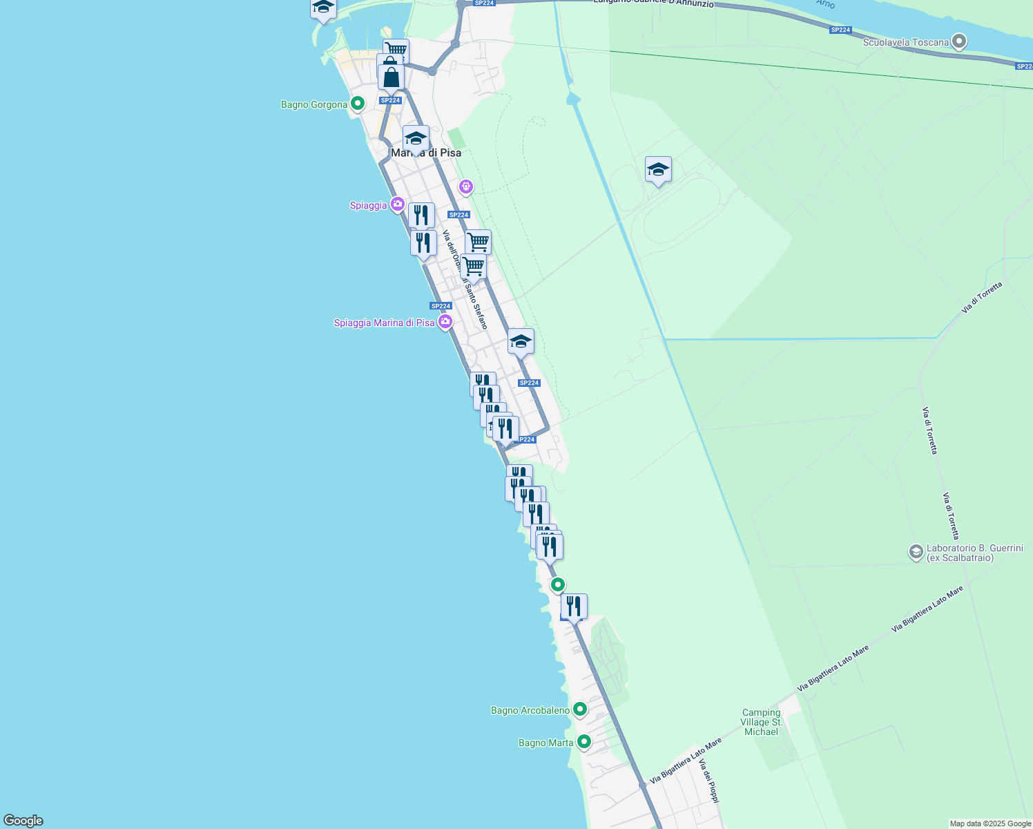 map of restaurants, bars, coffee shops, grocery stores, and more near 13b Via Girolamo Vecchiani in Marina di Pisa