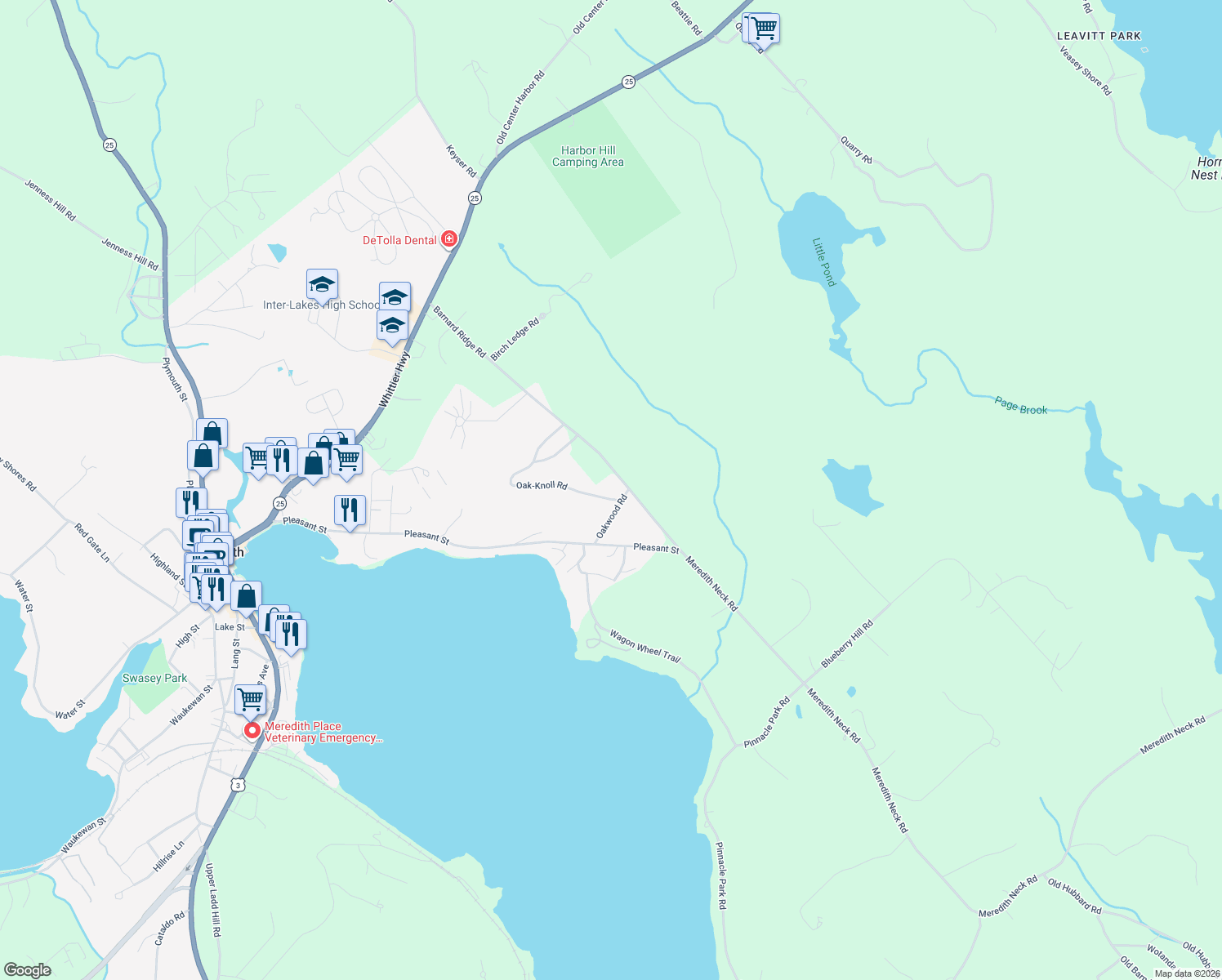 map of restaurants, bars, coffee shops, grocery stores, and more near 60 Oak-Knoll Road in Meredith