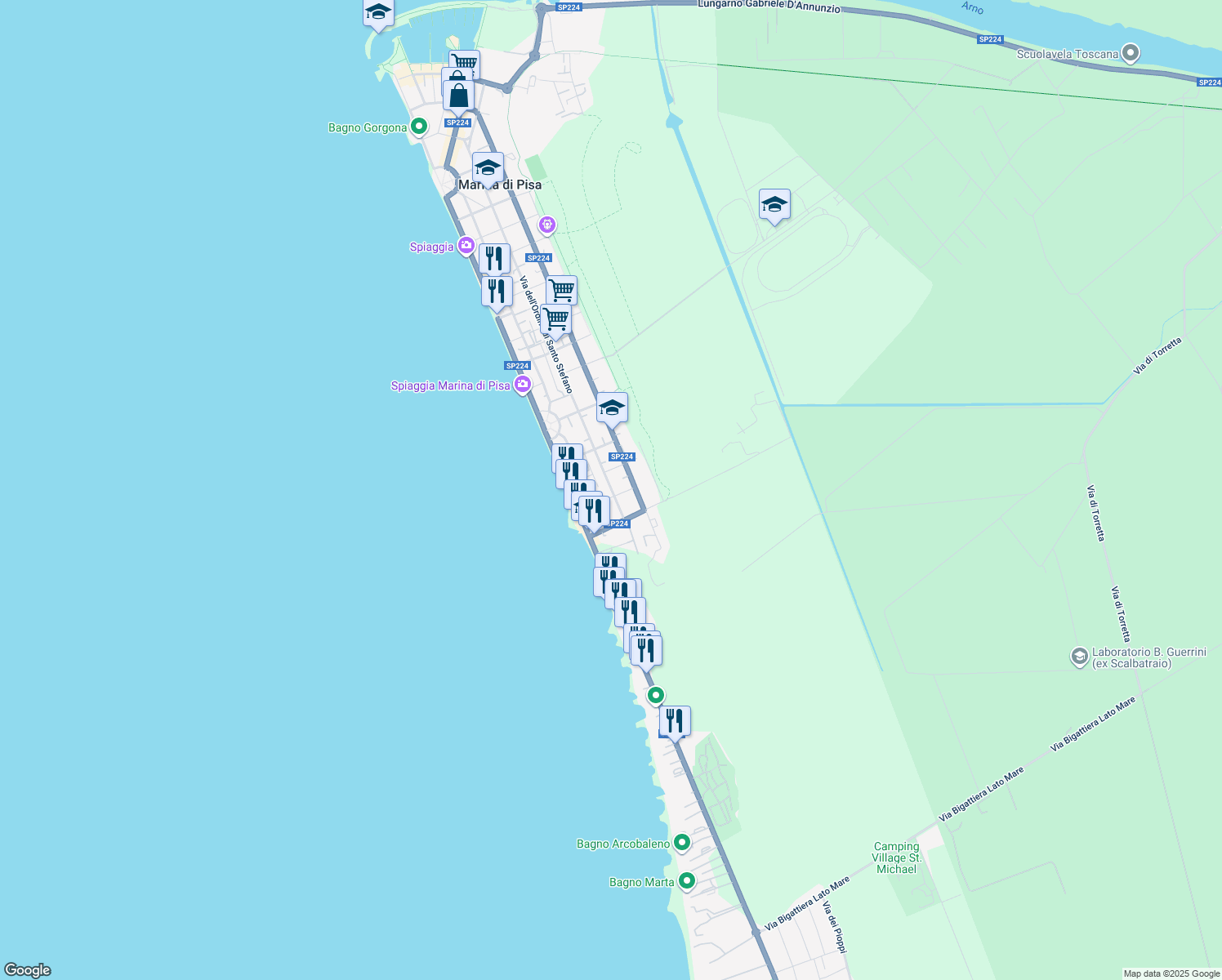 map of restaurants, bars, coffee shops, grocery stores, and more near 13b Via Girolamo Vecchiani in Marina di Pisa