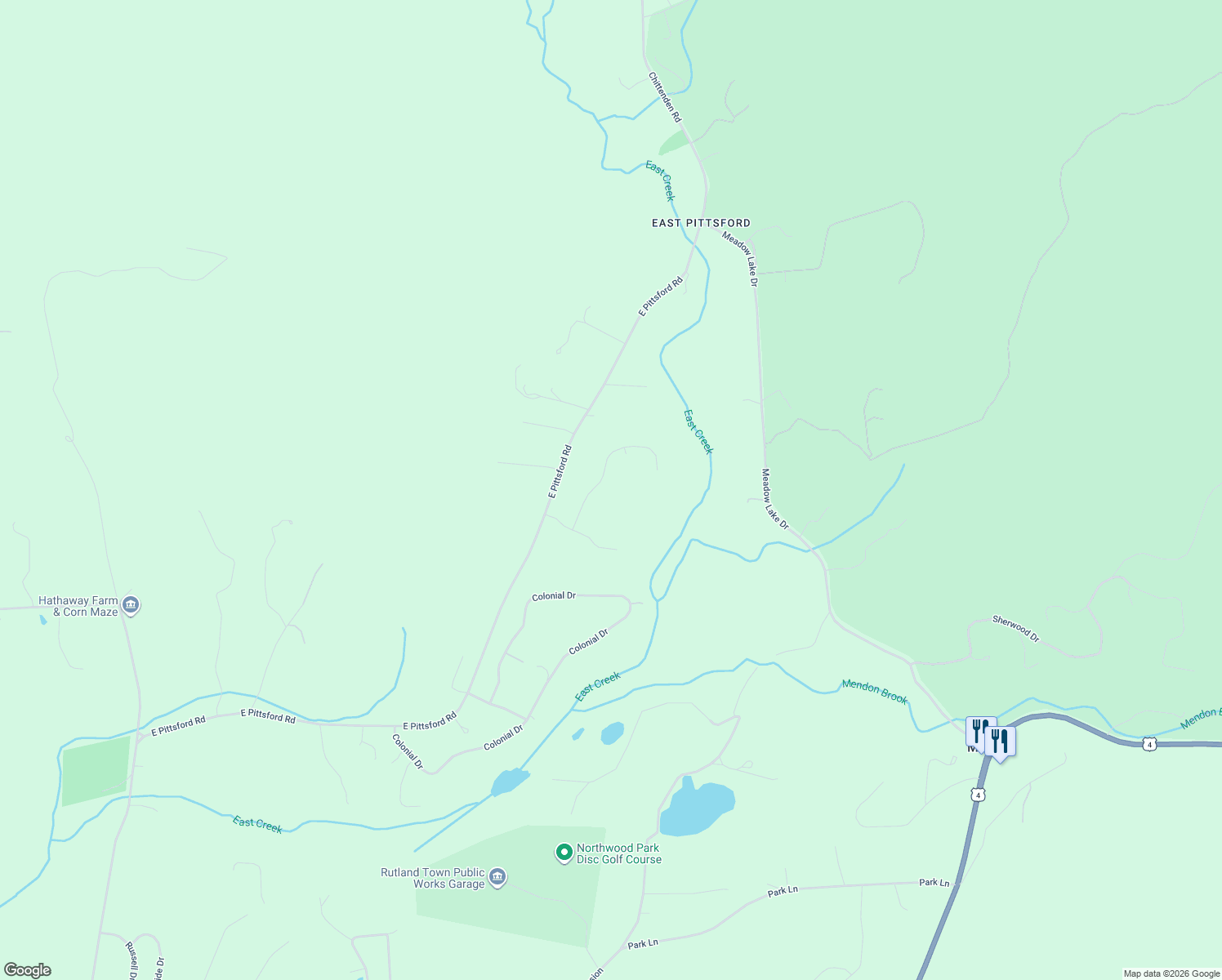 map of restaurants, bars, coffee shops, grocery stores, and more near 189 Pennock Lane in Rutland