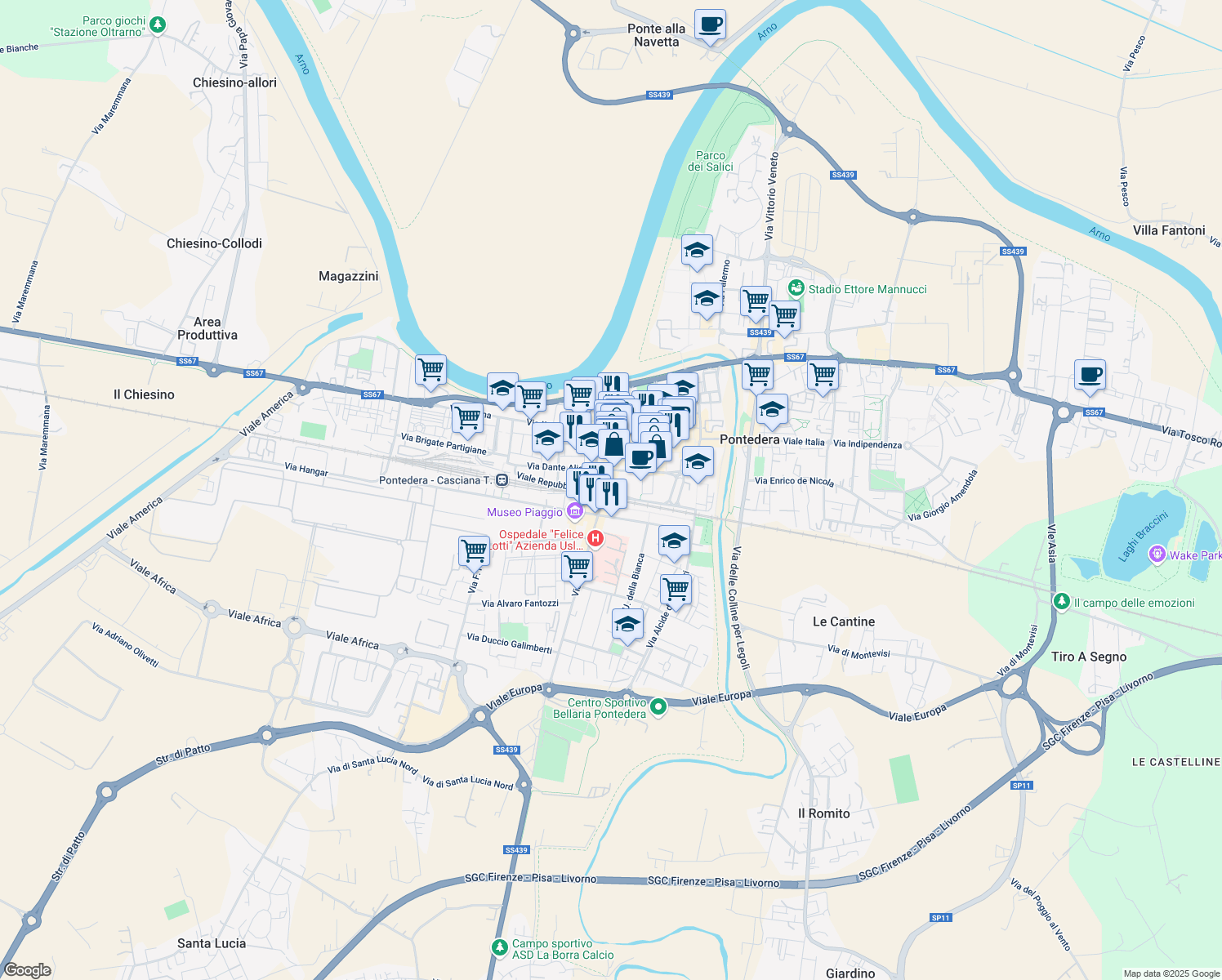 map of restaurants, bars, coffee shops, grocery stores, and more near 4 Viale Risorgimento in Pontedera