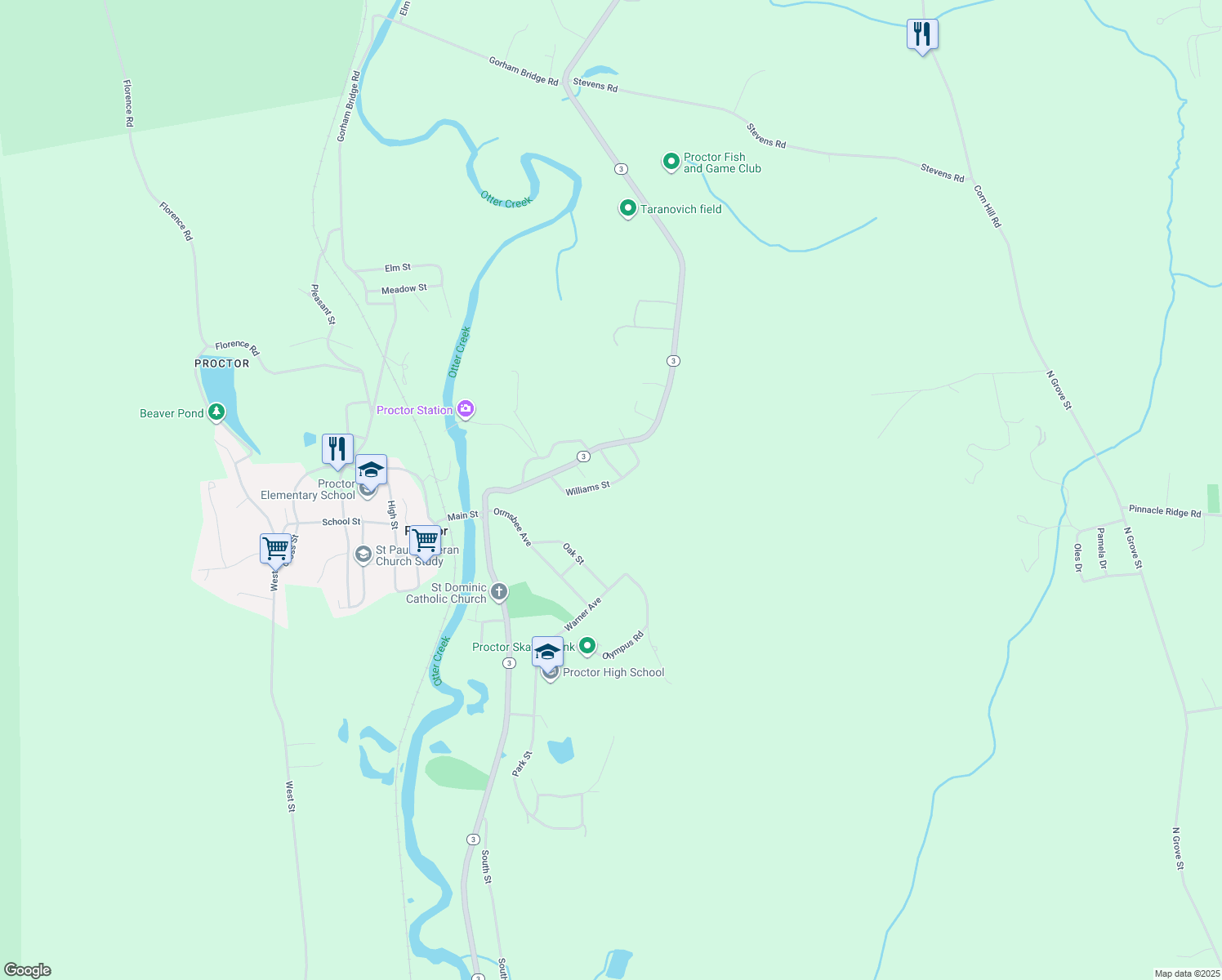 map of restaurants, bars, coffee shops, grocery stores, and more near 35 Williams Street in Proctor