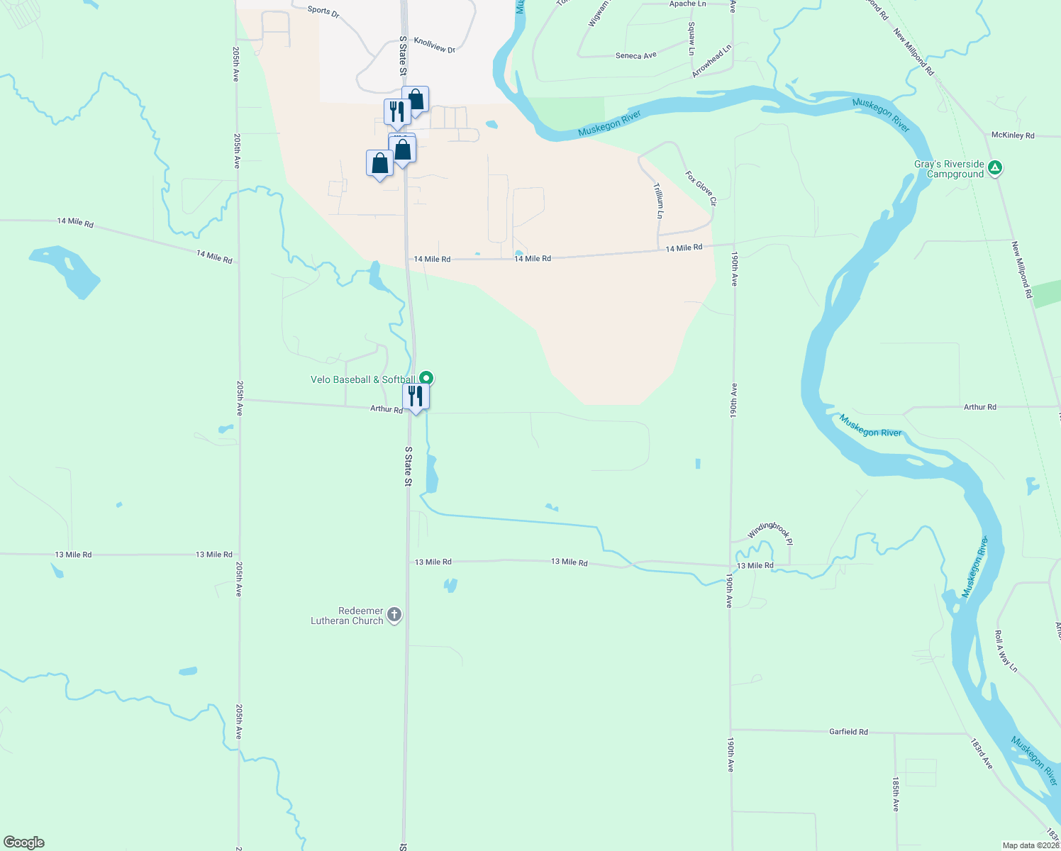 map of restaurants, bars, coffee shops, grocery stores, and more near 13324 Woodland Court in Big Rapids