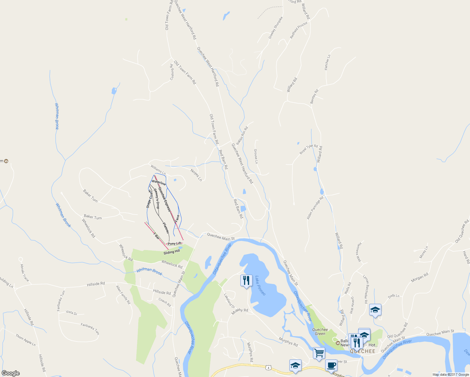 map of restaurants, bars, coffee shops, grocery stores, and more near 593 Red Barn Road in Hartford