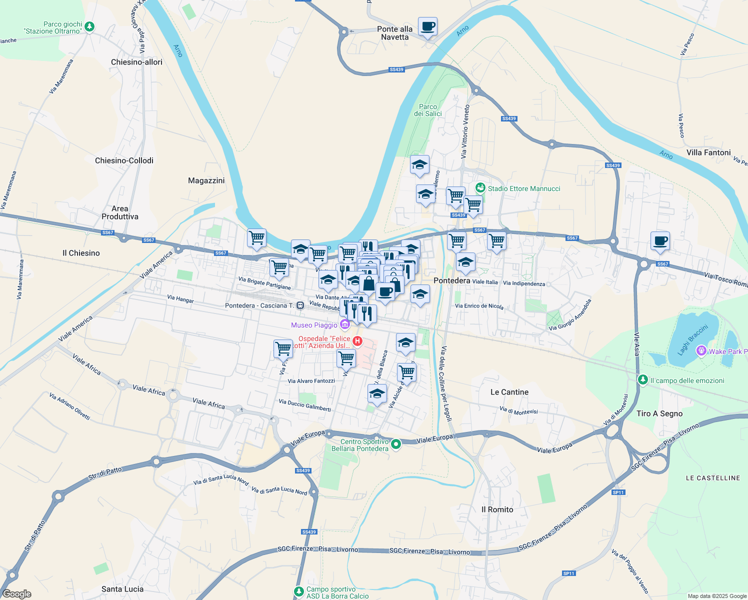 map of restaurants, bars, coffee shops, grocery stores, and more near 4 Viale Risorgimento in Pontedera