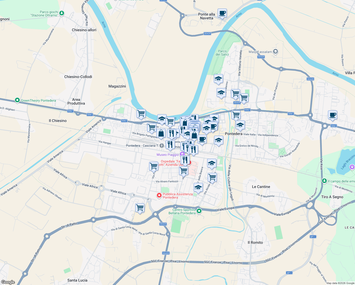 map of restaurants, bars, coffee shops, grocery stores, and more near 14 Viale Repubblica in Pontedera