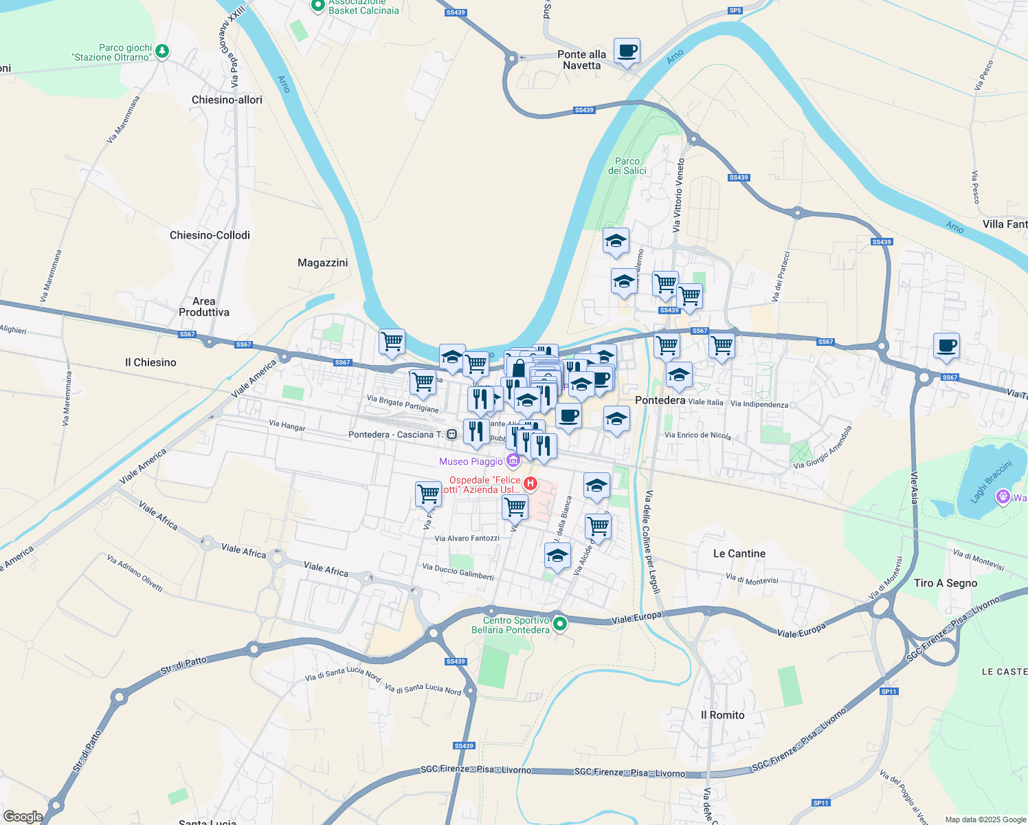 map of restaurants, bars, coffee shops, grocery stores, and more near 2 Via Renato Fucini in Pontedera