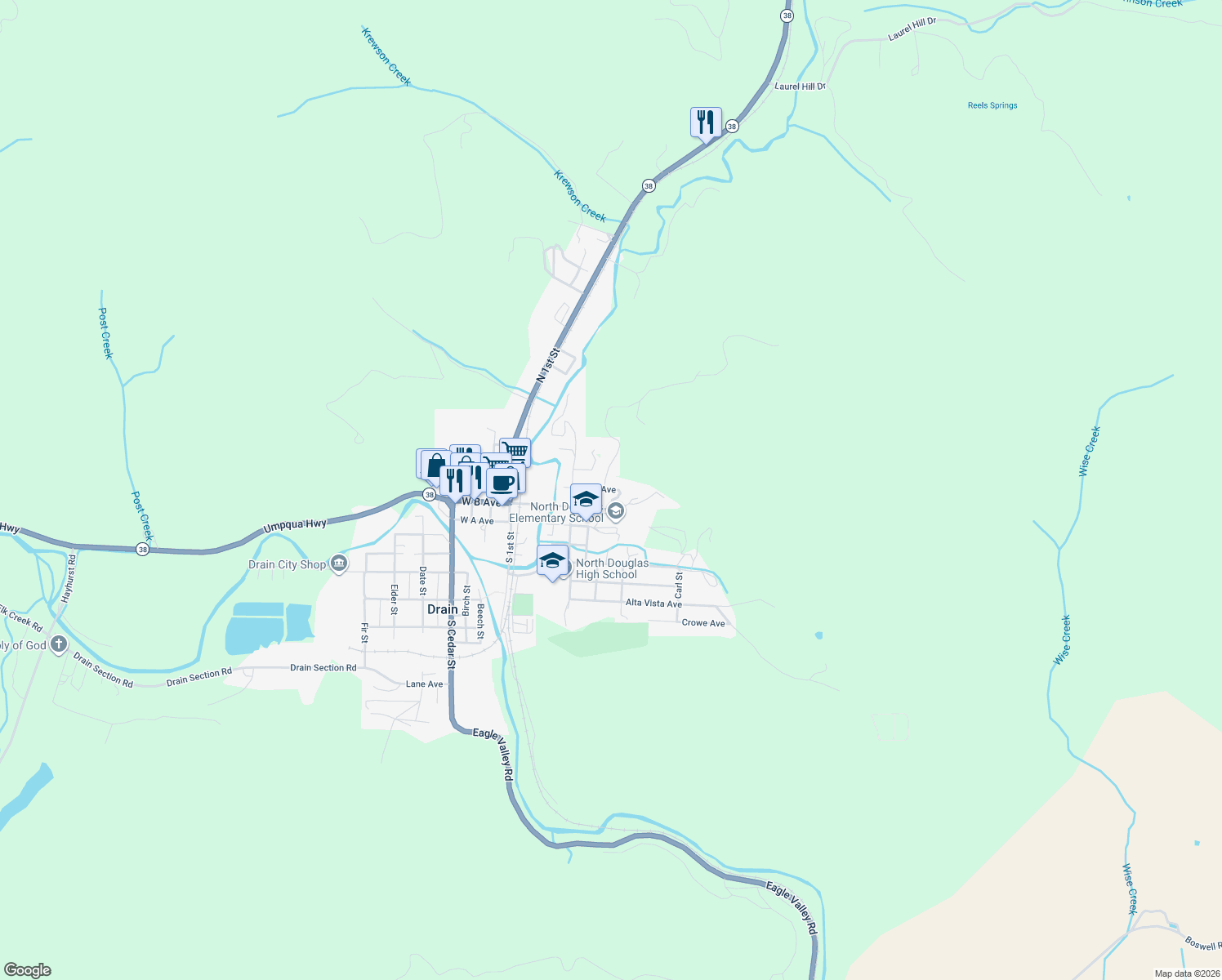 map of restaurants, bars, coffee shops, grocery stores, and more near 295 East C Avenue in Drain