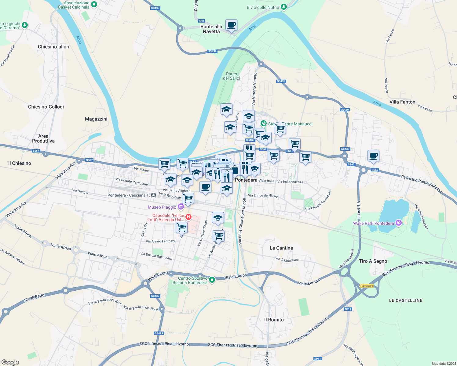 map of restaurants, bars, coffee shops, grocery stores, and more near 11 Piazza Martiri della Libertà in Pontedera