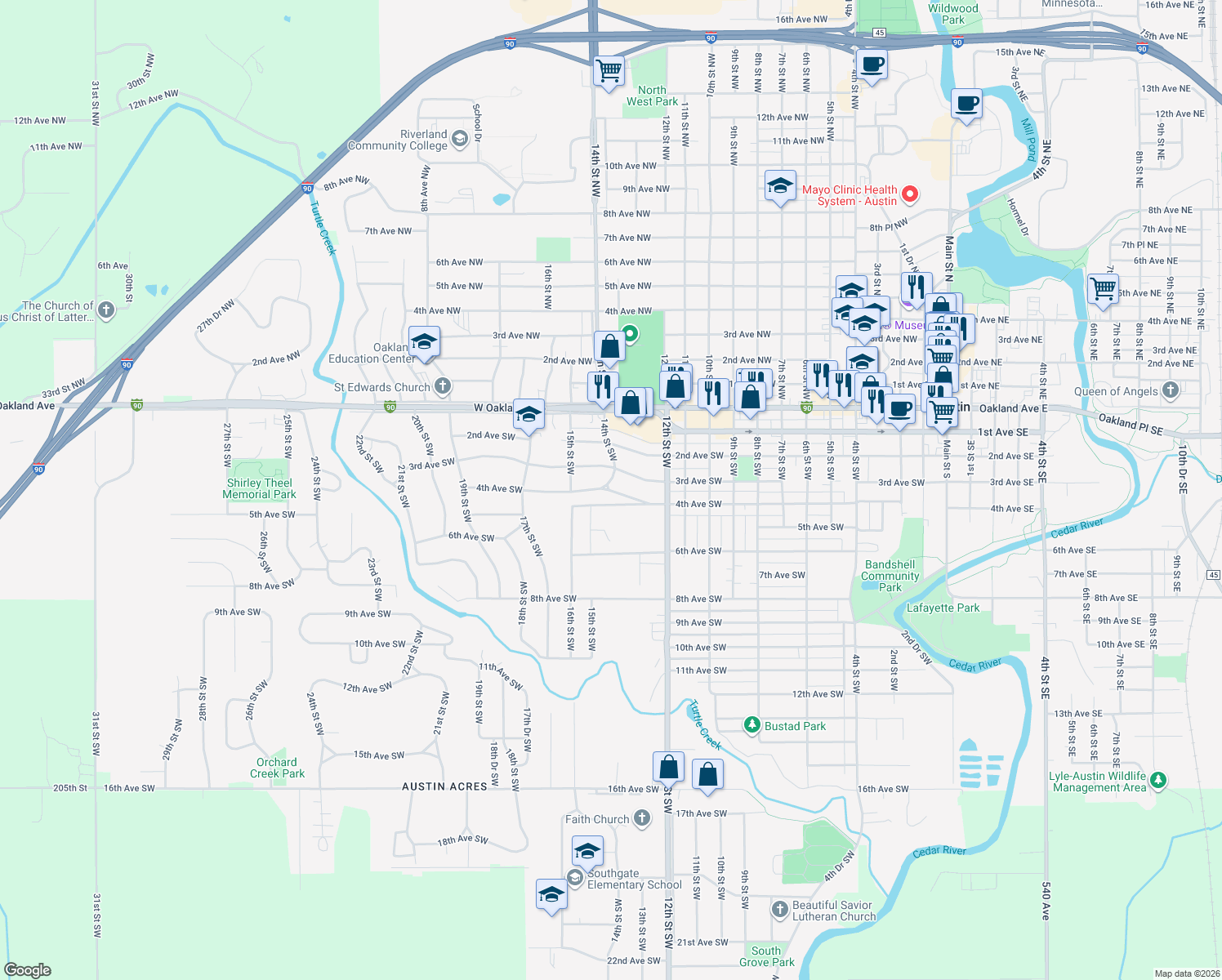 map of restaurants, bars, coffee shops, grocery stores, and more near 1412 4th Avenue Southwest in Austin