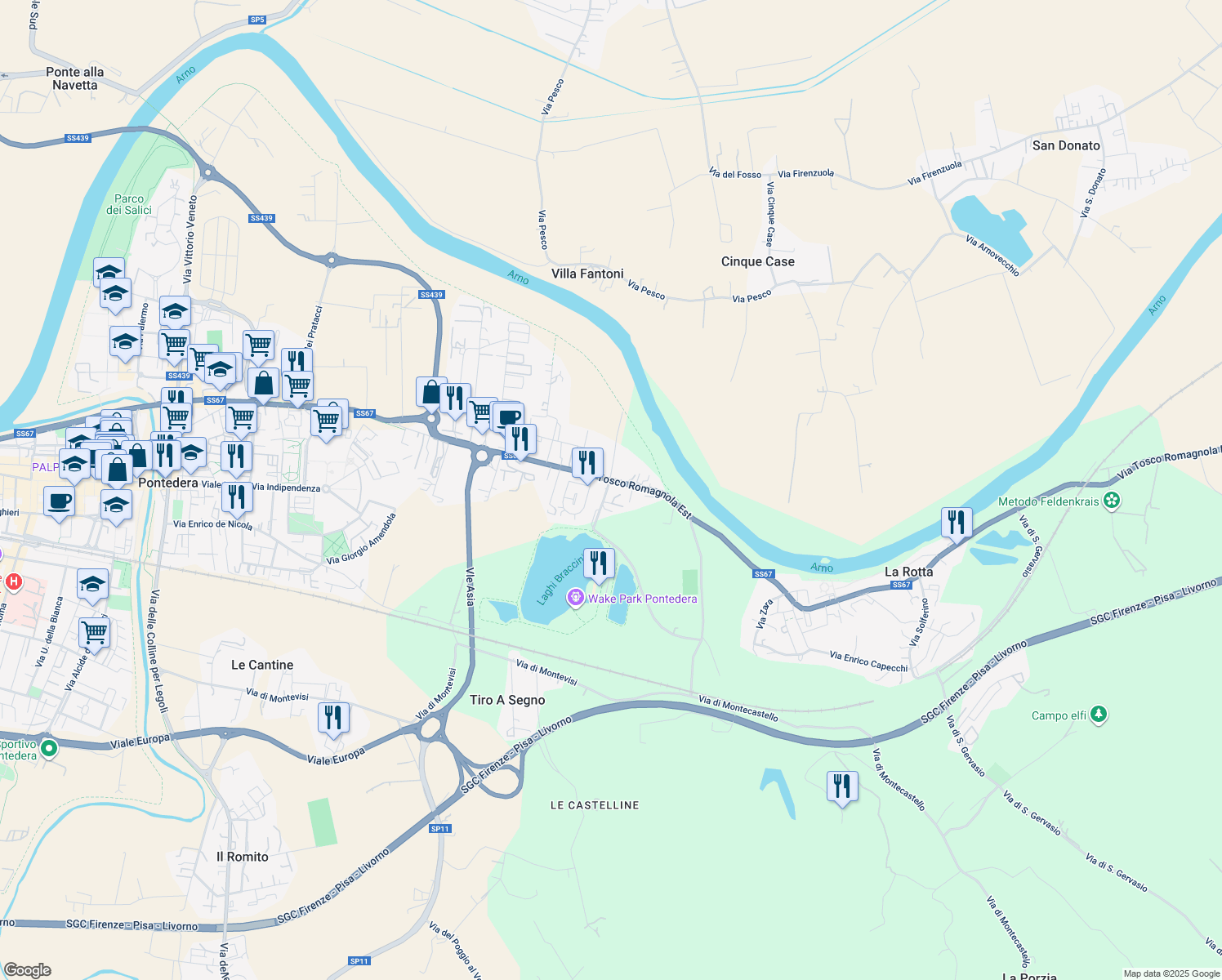 map of restaurants, bars, coffee shops, grocery stores, and more near 260 Via Tosco Romagnola Est in Pontedera