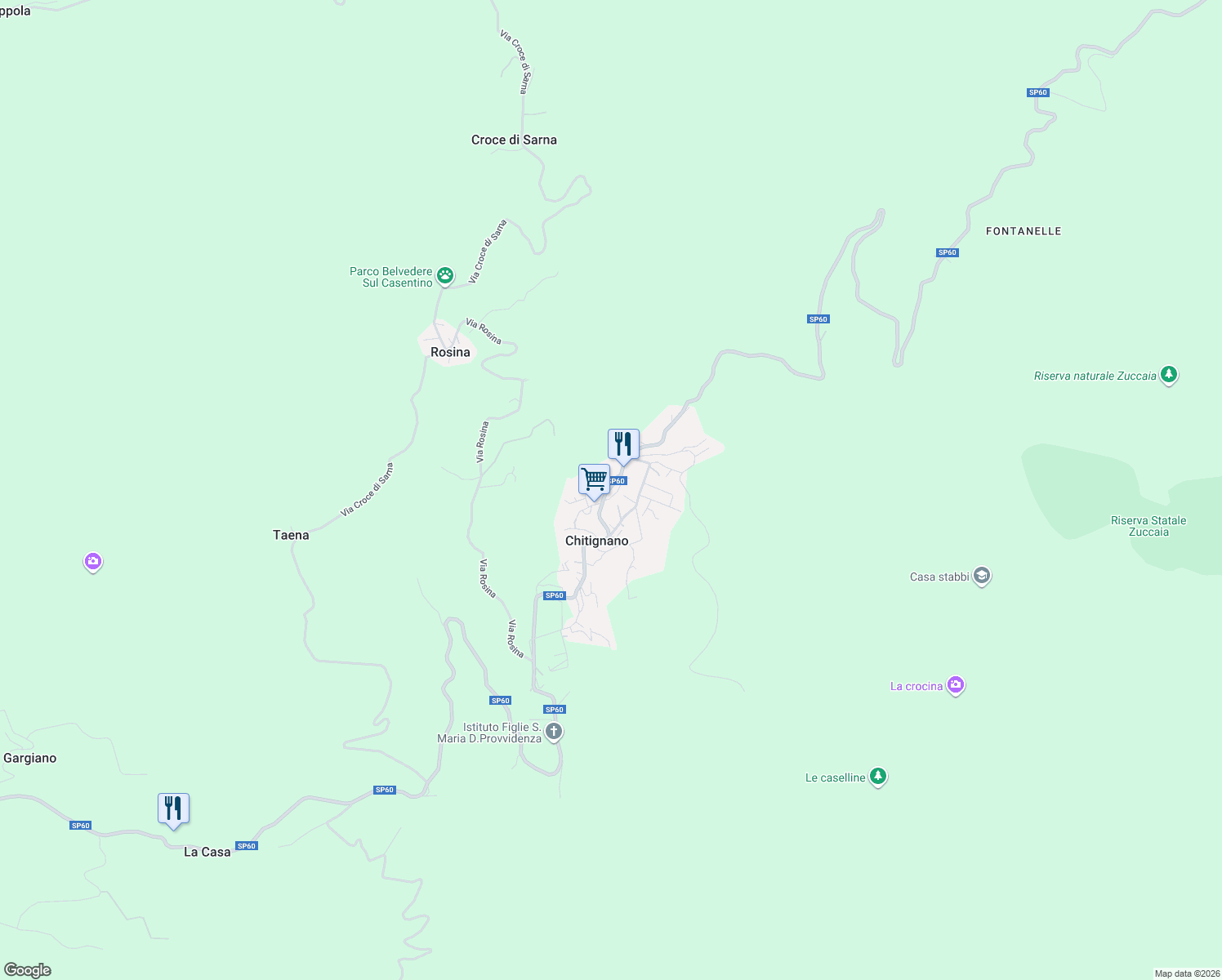 map of restaurants, bars, coffee shops, grocery stores, and more near 50 Via Pantaneto in Chitignano