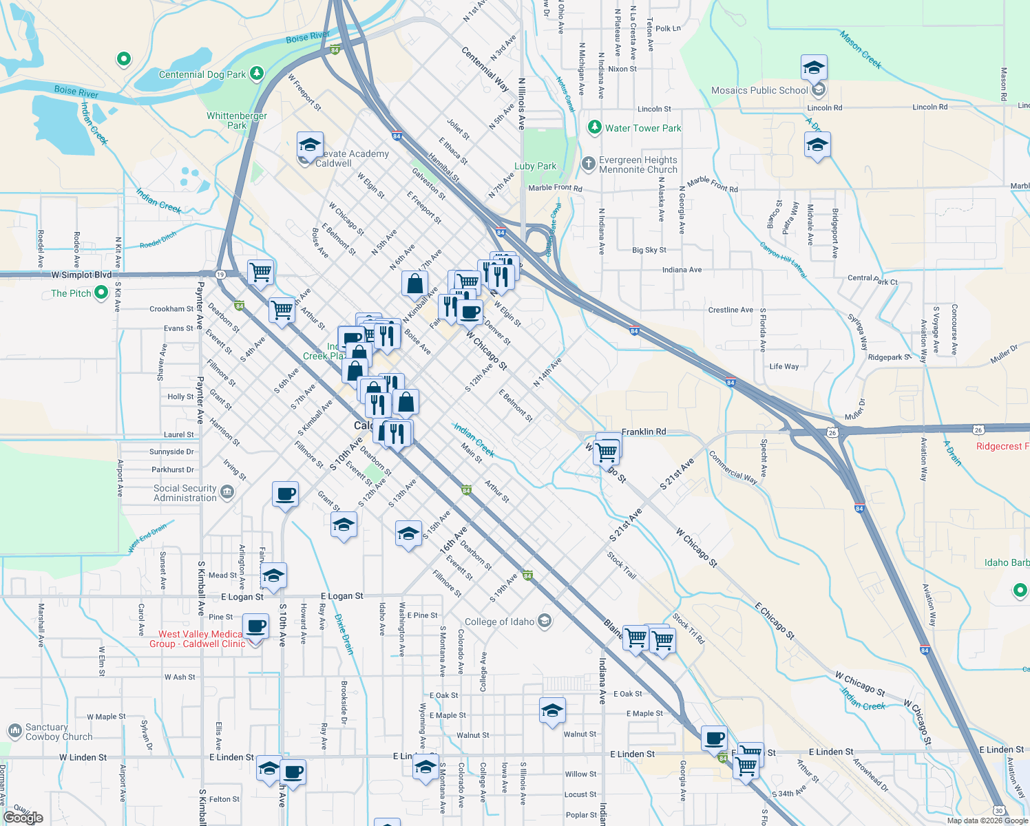 map of restaurants, bars, coffee shops, grocery stores, and more near 220 N 14th Ave in Caldwell