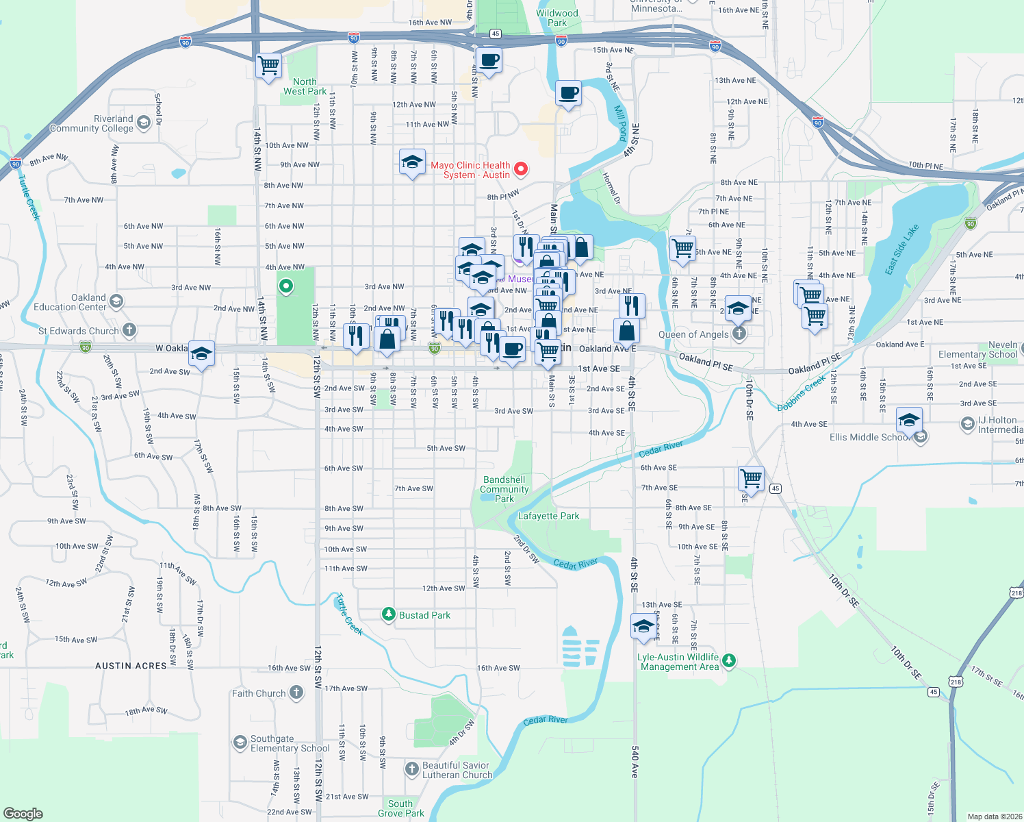 map of restaurants, bars, coffee shops, grocery stores, and more near 310 3rd Ave SW in Austin