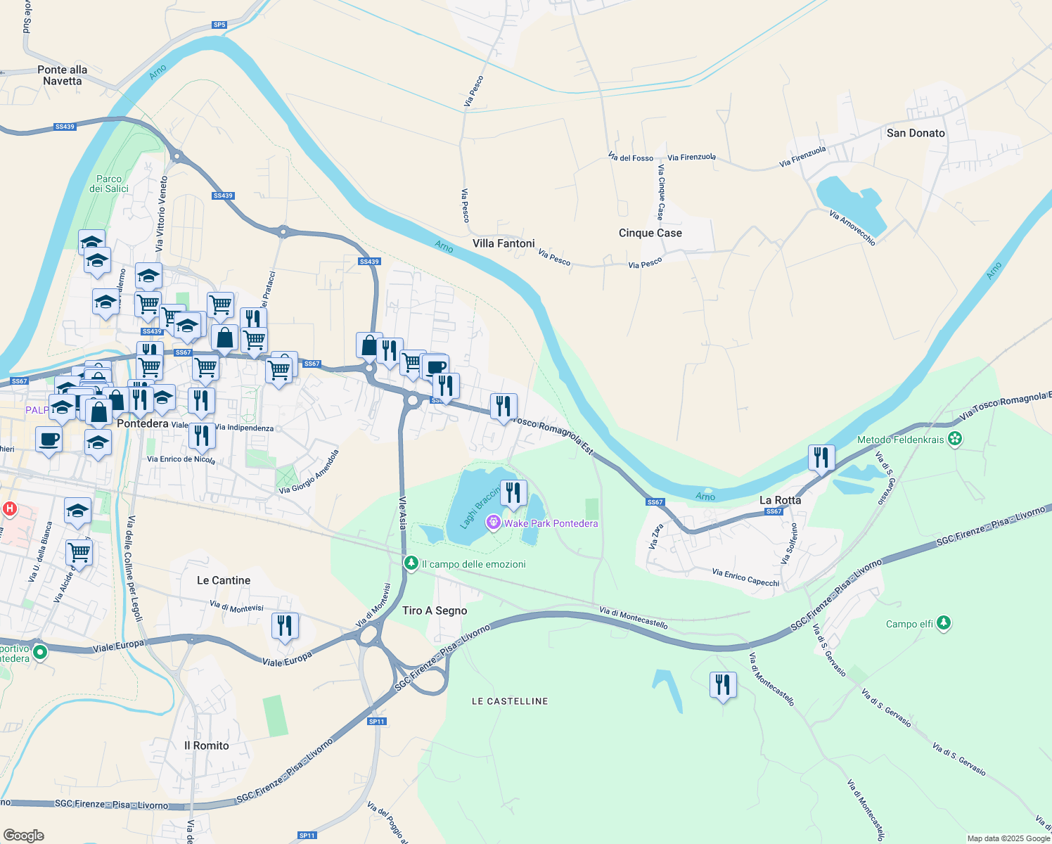 map of restaurants, bars, coffee shops, grocery stores, and more near 260 Via Tosco Romagnola Est in Pontedera
