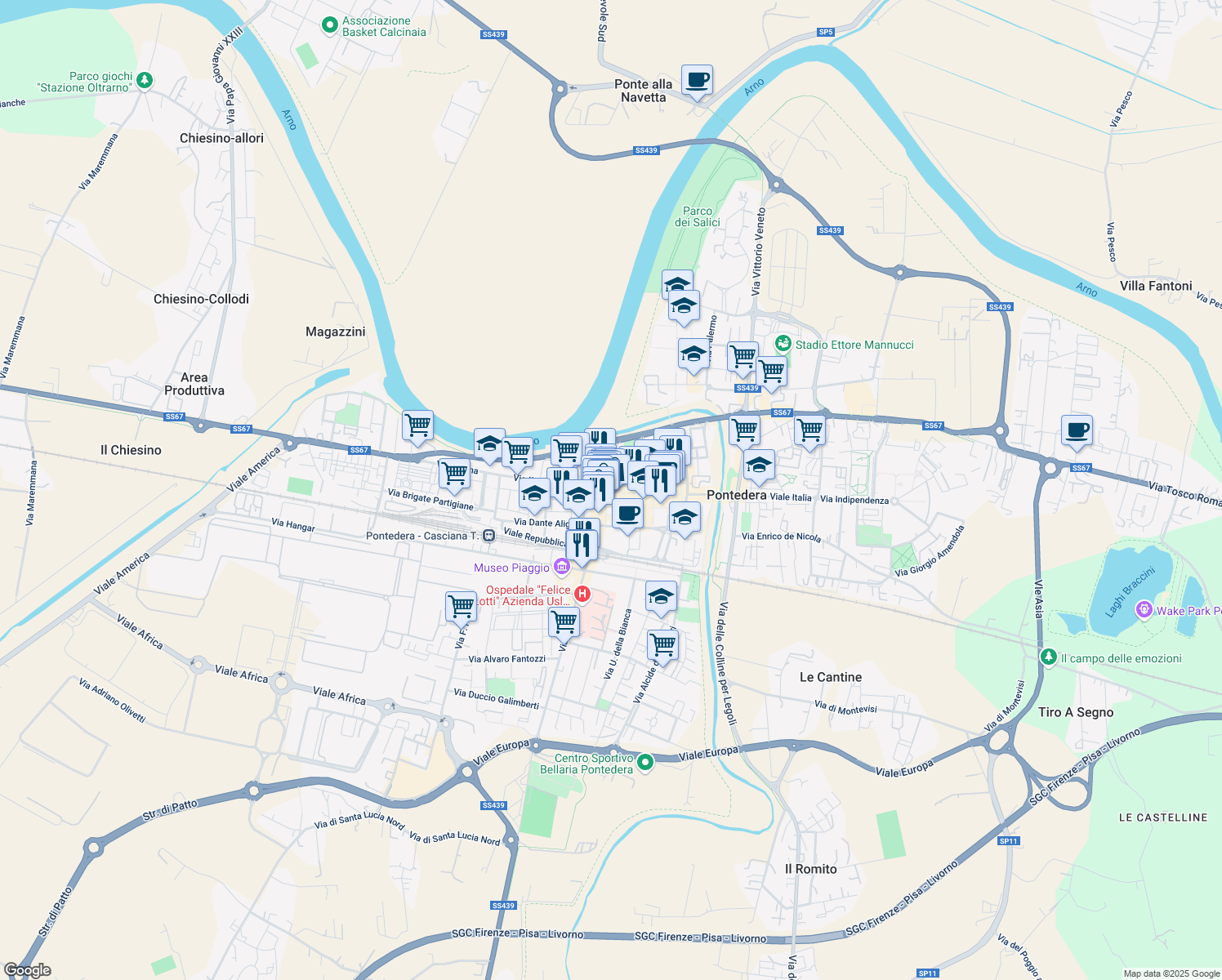 map of restaurants, bars, coffee shops, grocery stores, and more near 10 Piazza Camillo Benso Conte di Cavour in Pontedera