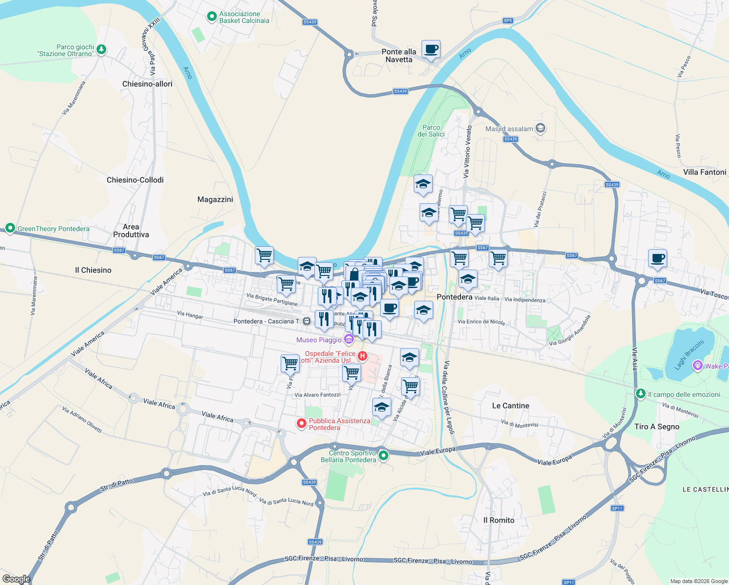 map of restaurants, bars, coffee shops, grocery stores, and more near 10 Piazza Andrea da Pontedera in Pontedera