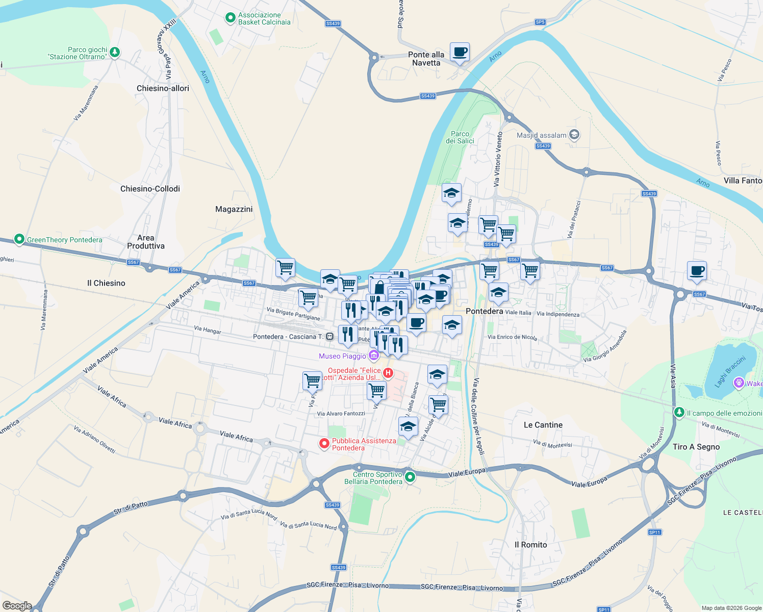 map of restaurants, bars, coffee shops, grocery stores, and more near 8-10 Piazza Andrea da Pontedera in Pontedera
