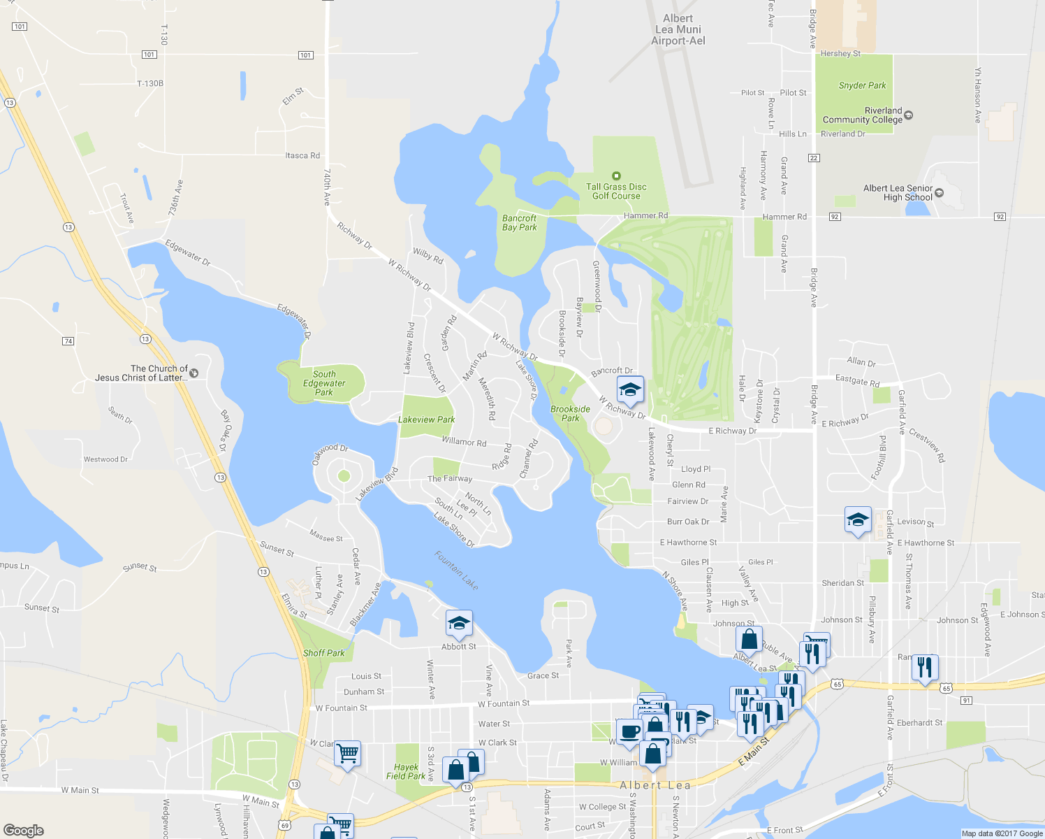 map of restaurants, bars, coffee shops, grocery stores, and more near 409 Robin Road in Albert Lea