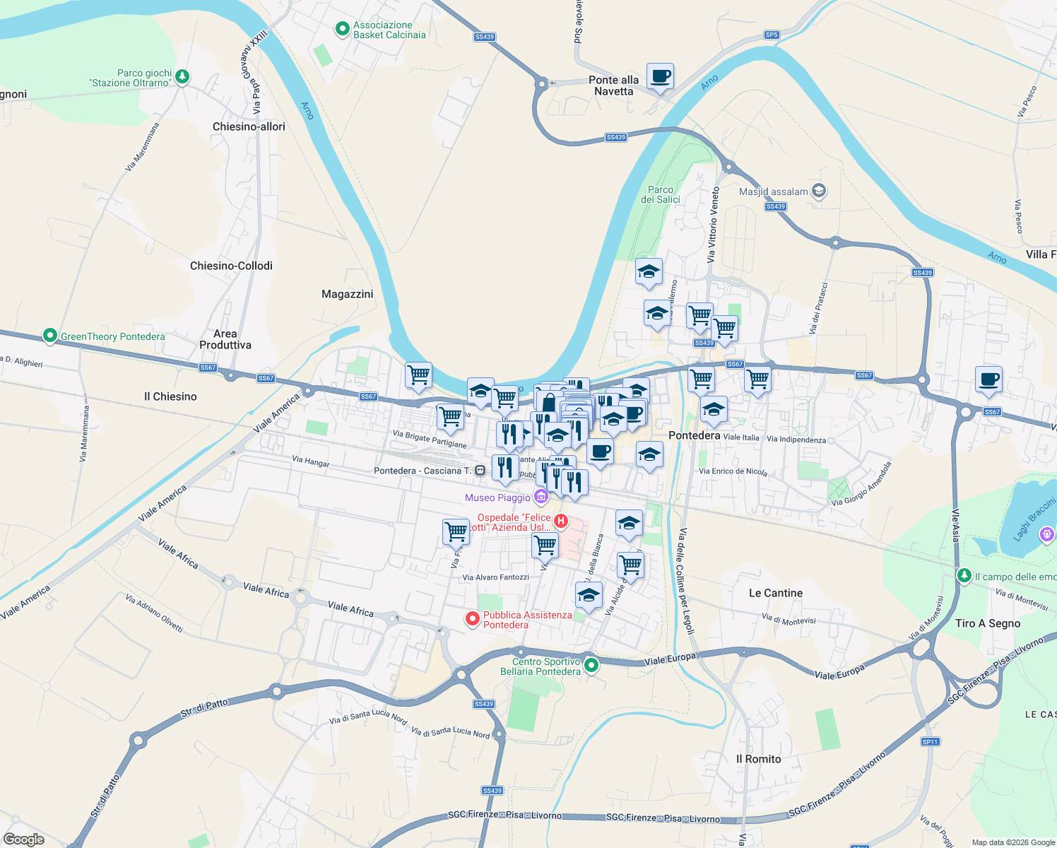 map of restaurants, bars, coffee shops, grocery stores, and more near 2 Via Renato Fucini in Pontedera