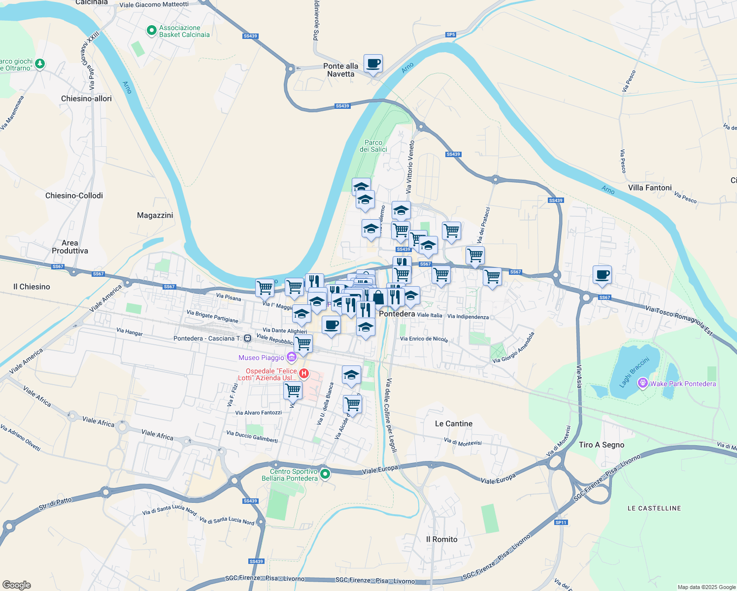 map of restaurants, bars, coffee shops, grocery stores, and more near 22 Piazza della Concordia in Pontedera