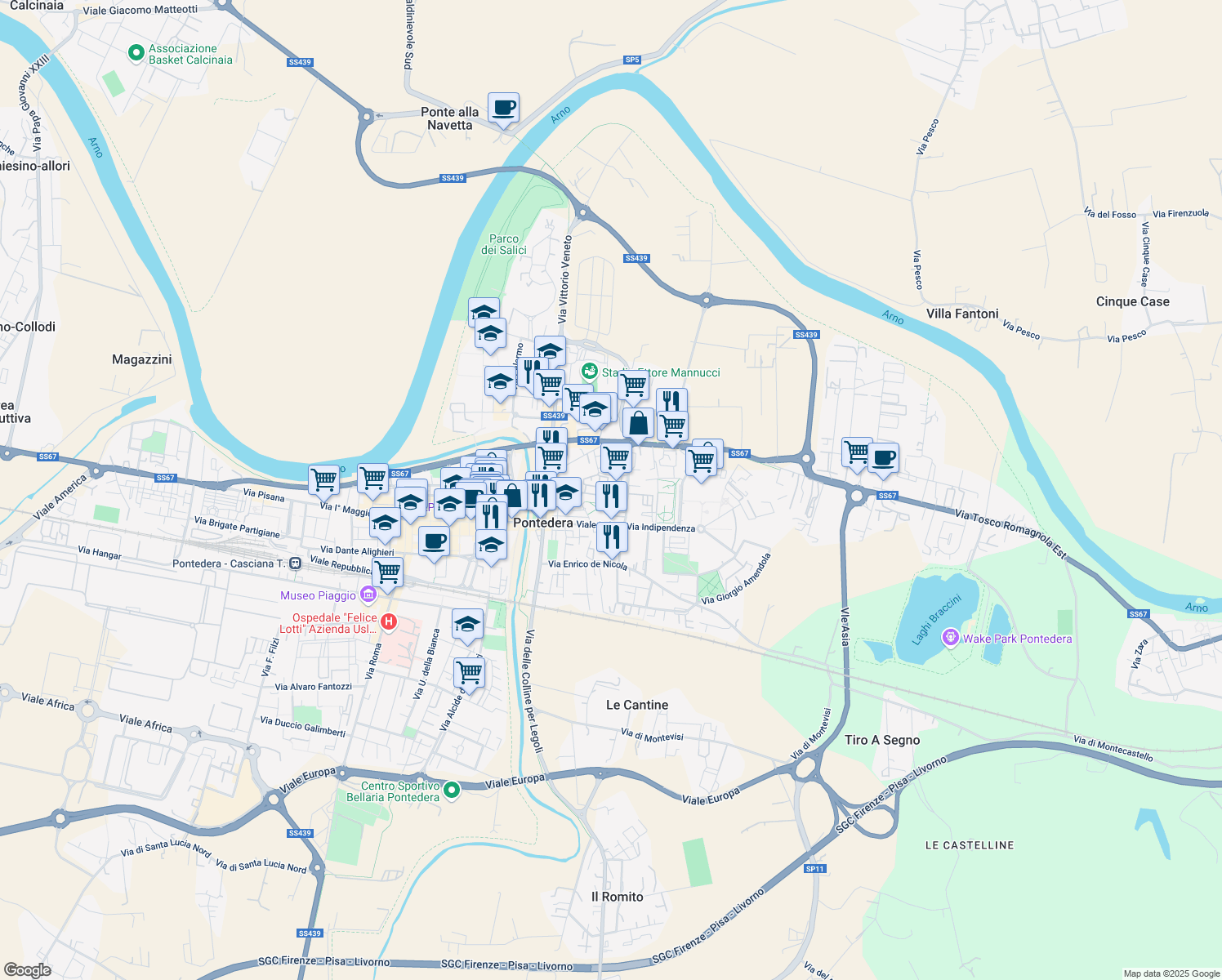 map of restaurants, bars, coffee shops, grocery stores, and more near 28 Via Antonio Pacinotti in Pontedera