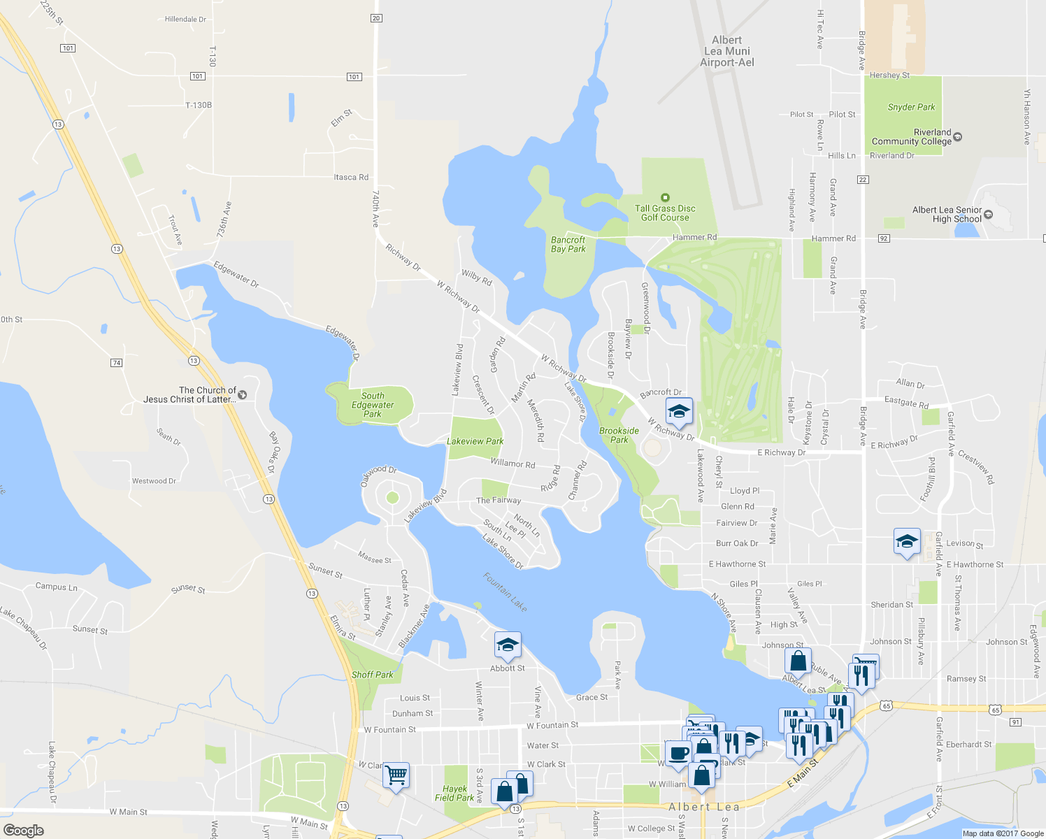 map of restaurants, bars, coffee shops, grocery stores, and more near 315 Garden Road in Albert Lea