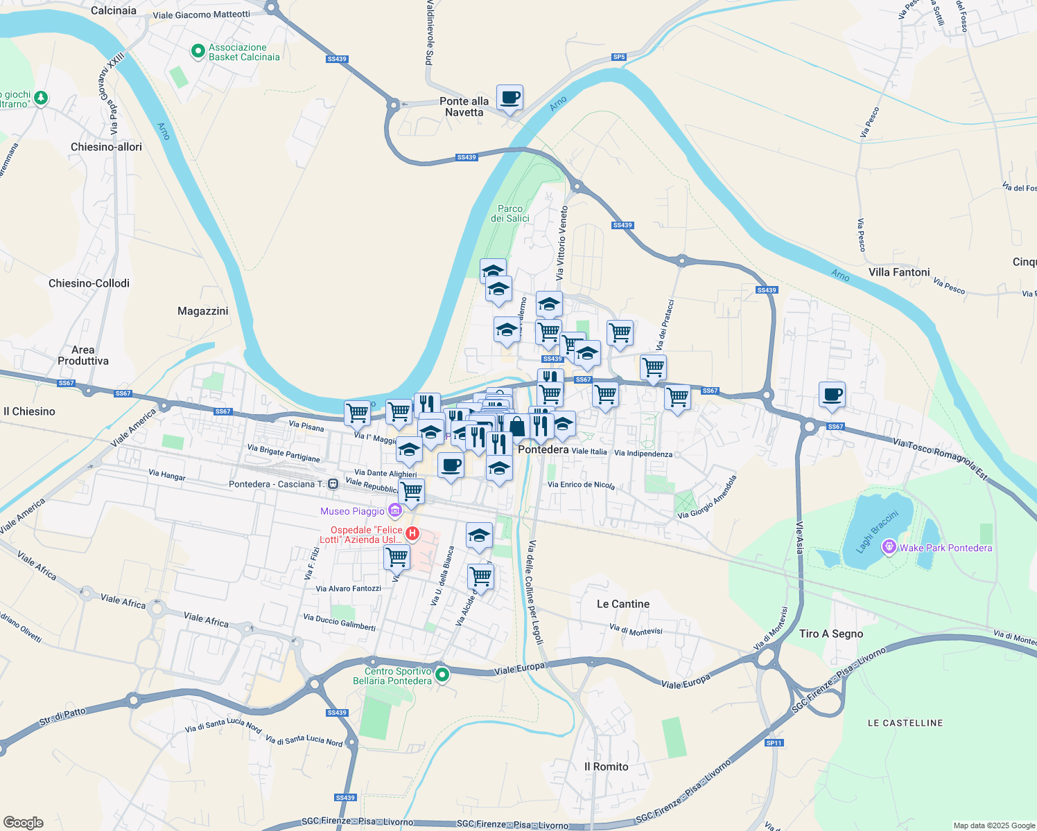 map of restaurants, bars, coffee shops, grocery stores, and more near 22 Piazza della Concordia in Pontedera