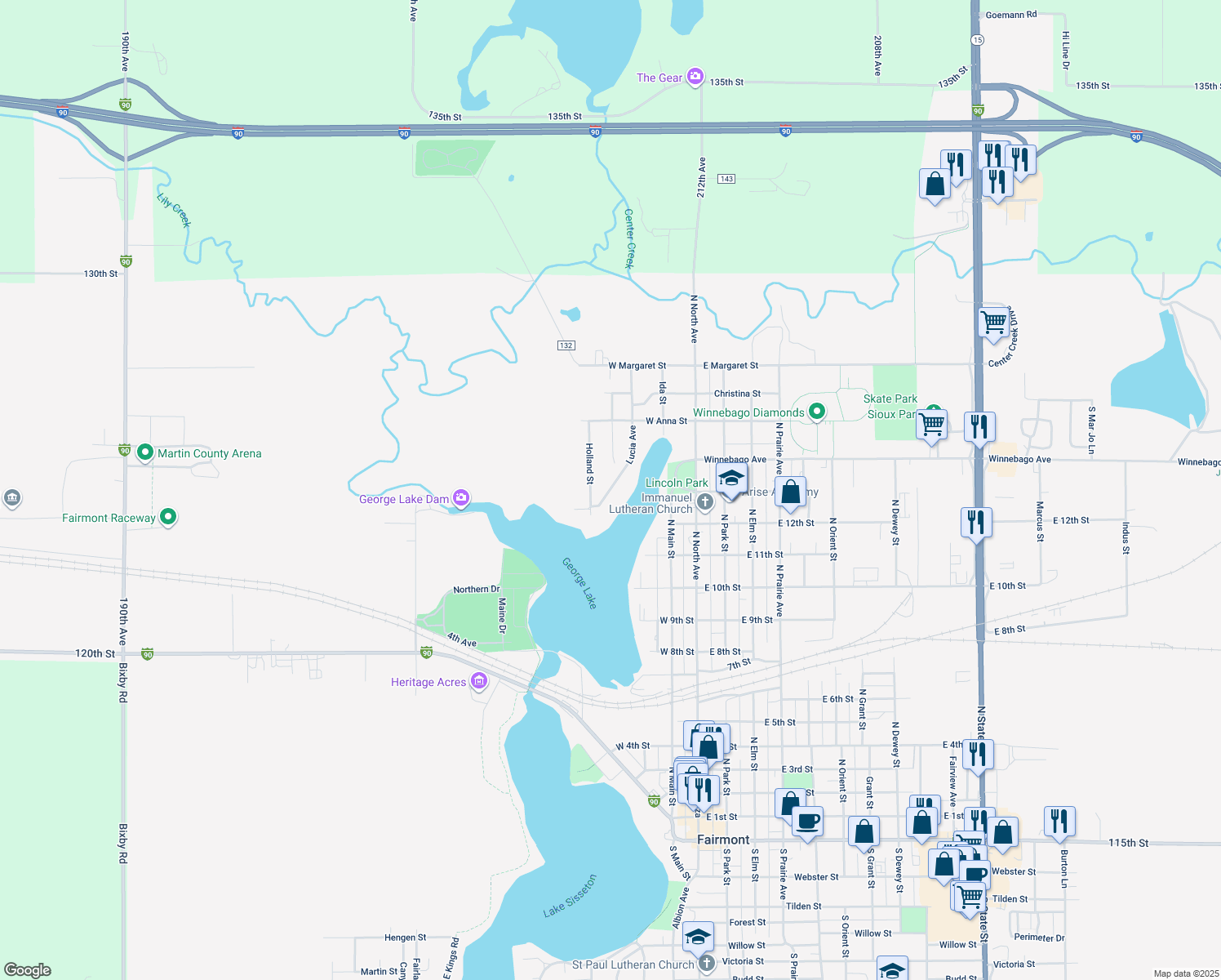 map of restaurants, bars, coffee shops, grocery stores, and more near 1204 Lucia Ave in Fairmont