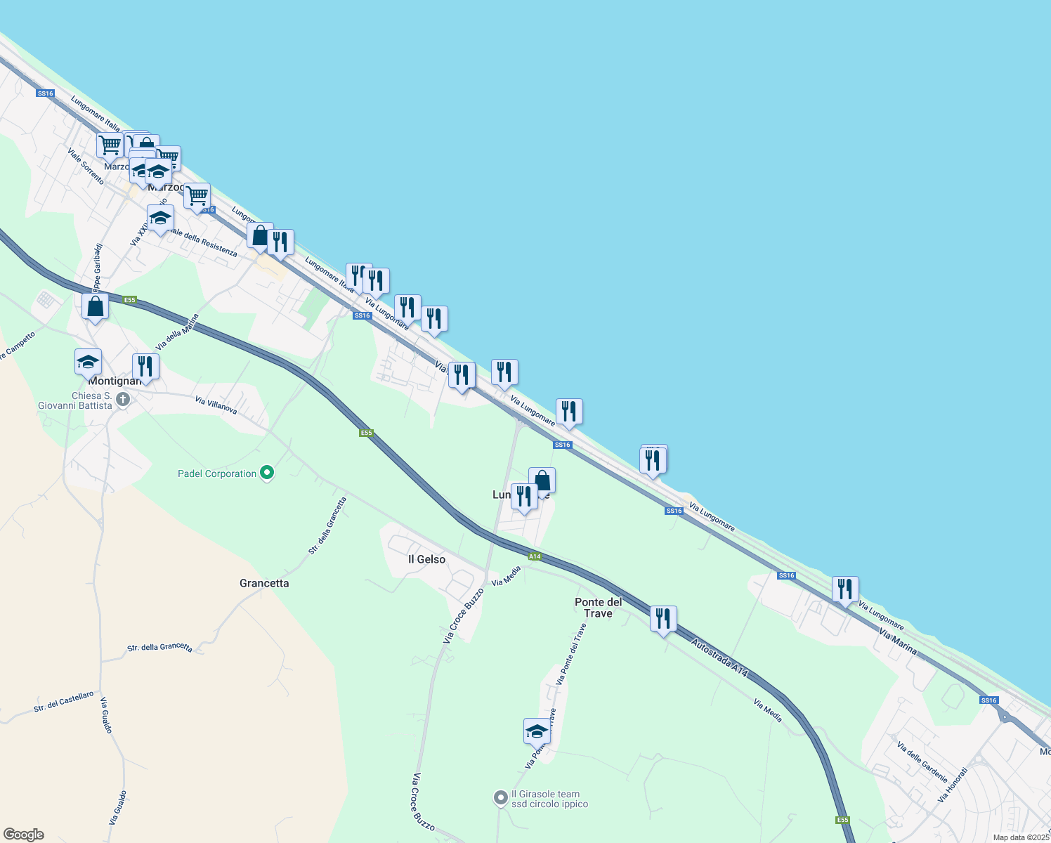 map of restaurants, bars, coffee shops, grocery stores, and more near 70A Via Lungomare in Lungomare