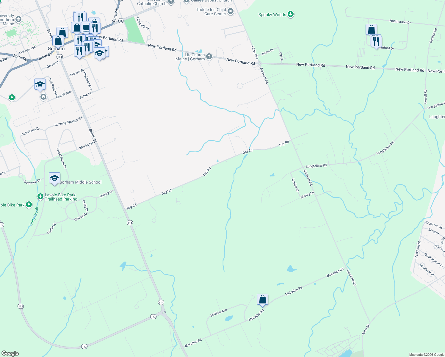 map of restaurants, bars, coffee shops, grocery stores, and more near 79 Day Road in Gorham