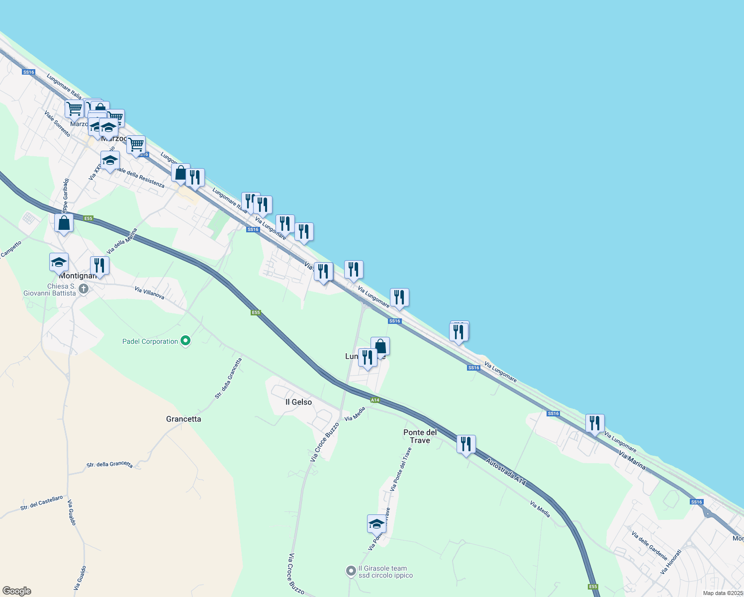 map of restaurants, bars, coffee shops, grocery stores, and more near 70A Via Lungomare in Lungomare