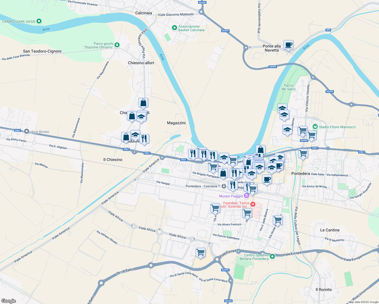 map of restaurants, bars, coffee shops, grocery stores, and more near 1 Via A. Vivaldi in Pontedera