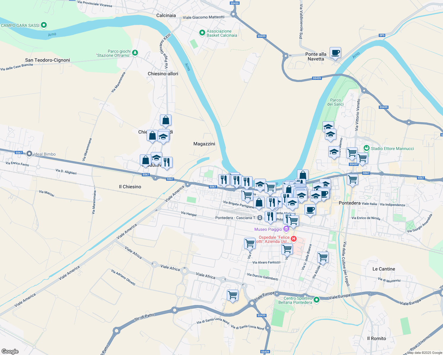 map of restaurants, bars, coffee shops, grocery stores, and more near 1 Via A. Vivaldi in Pontedera