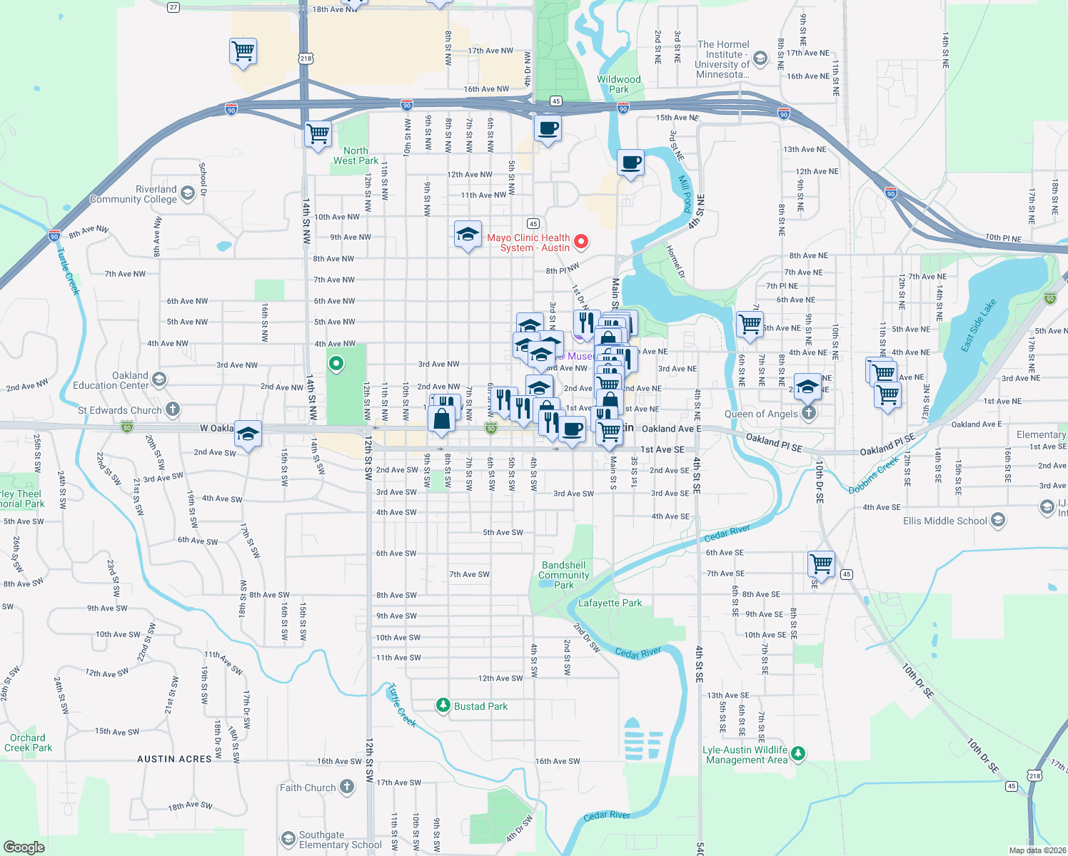map of restaurants, bars, coffee shops, grocery stores, and more near 120 Broadway in Austin