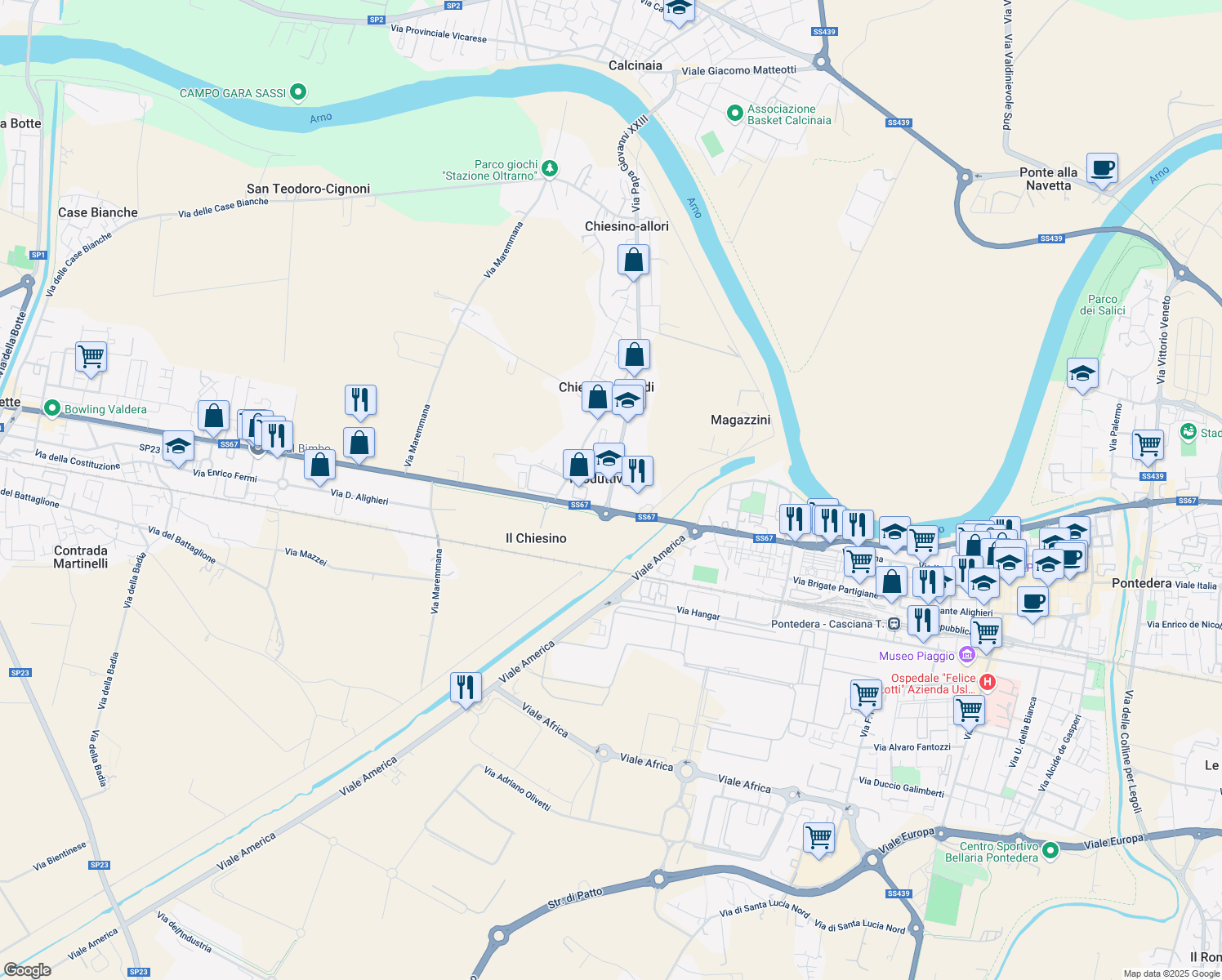 map of restaurants, bars, coffee shops, grocery stores, and more near in Area Produttiva