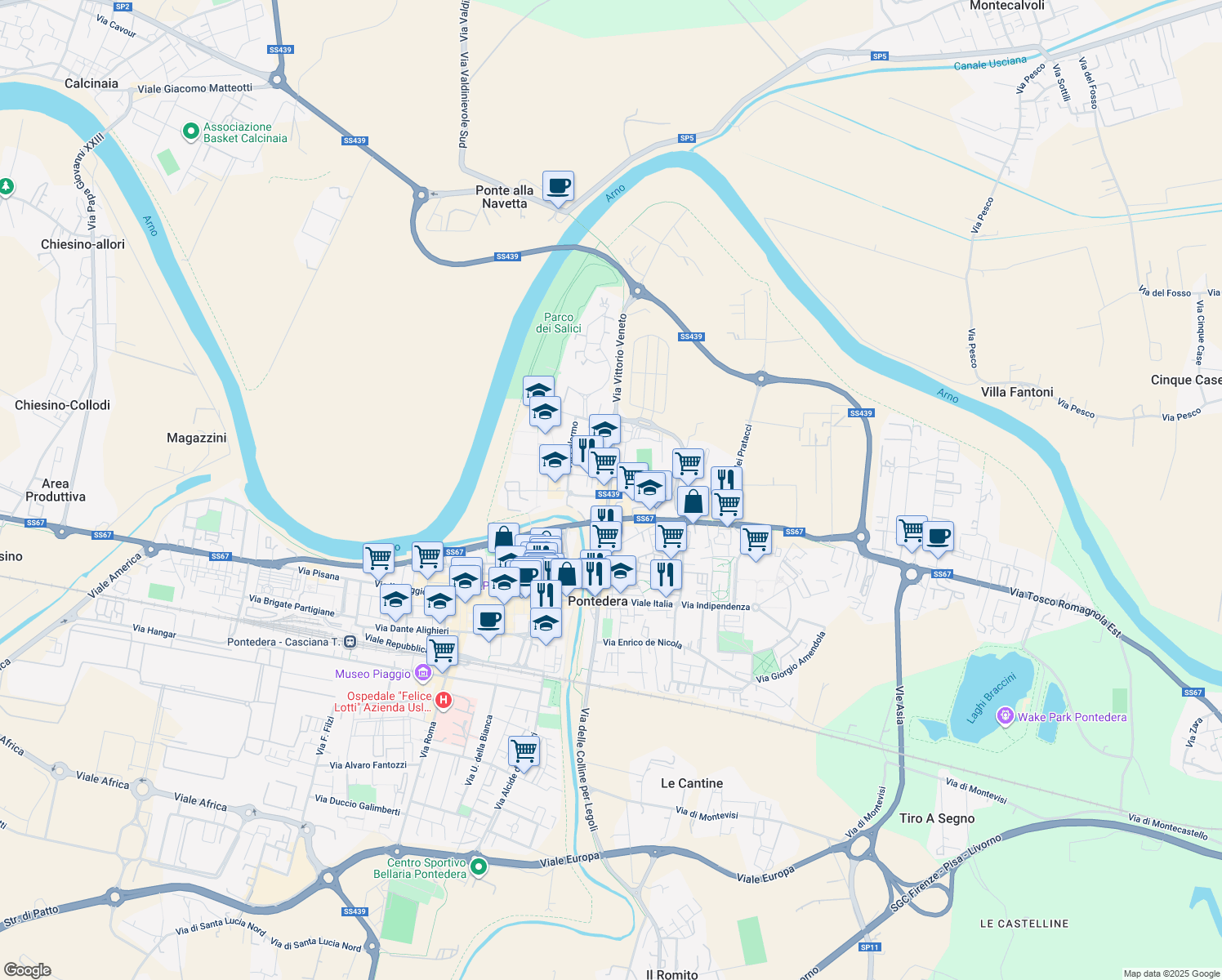 map of restaurants, bars, coffee shops, grocery stores, and more near 178 Via Vittorio Veneto in Pontedera