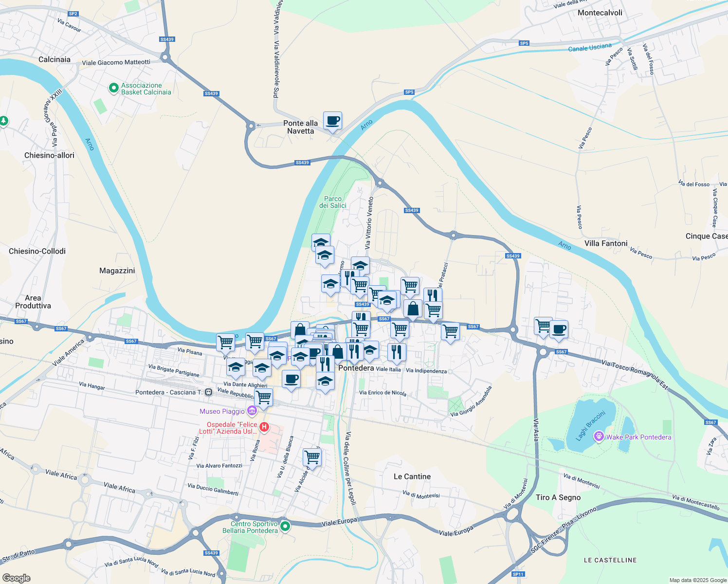 map of restaurants, bars, coffee shops, grocery stores, and more near 178 Via Vittorio Veneto in Pontedera