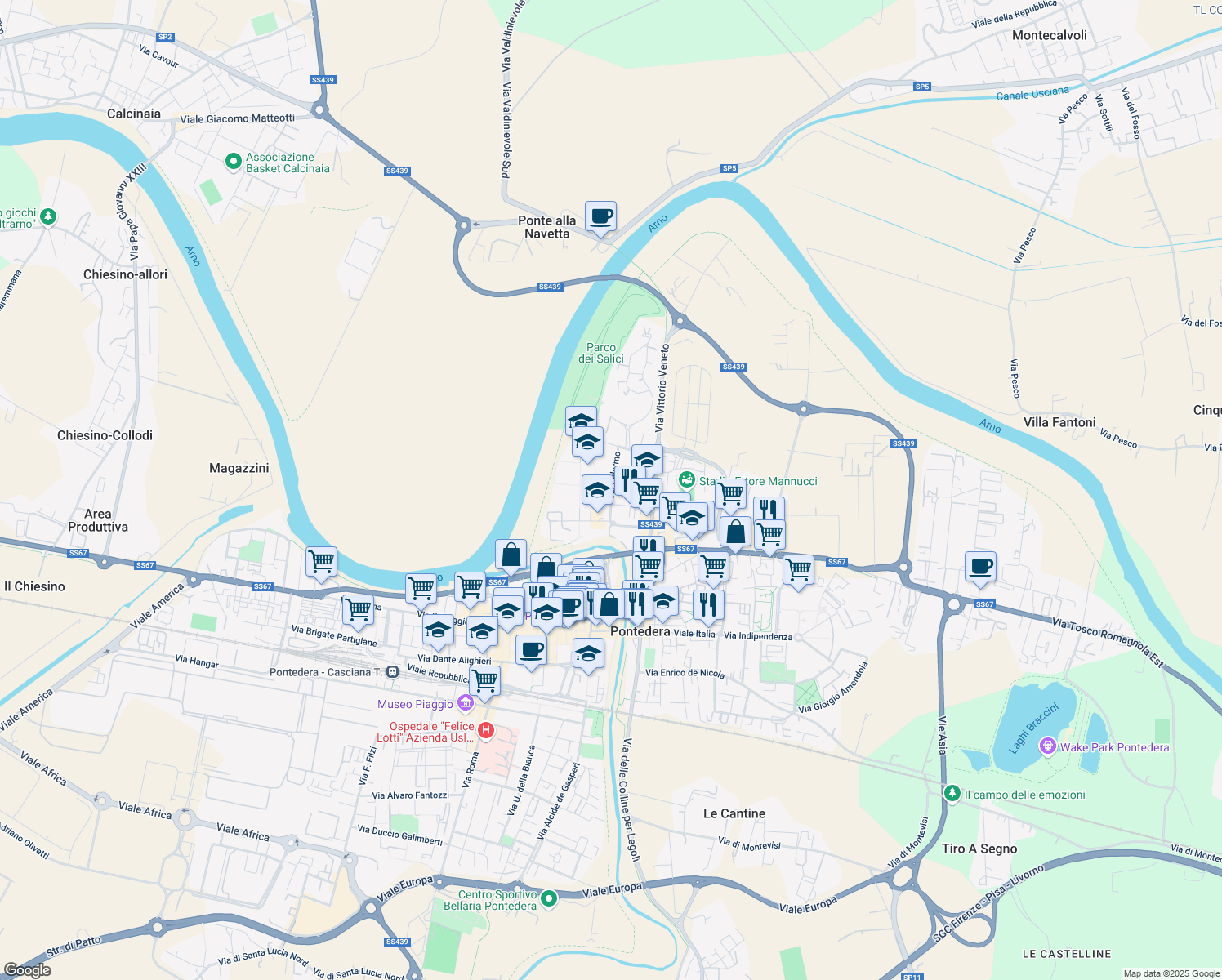 map of restaurants, bars, coffee shops, grocery stores, and more near 31 Via Milano in Pontedera