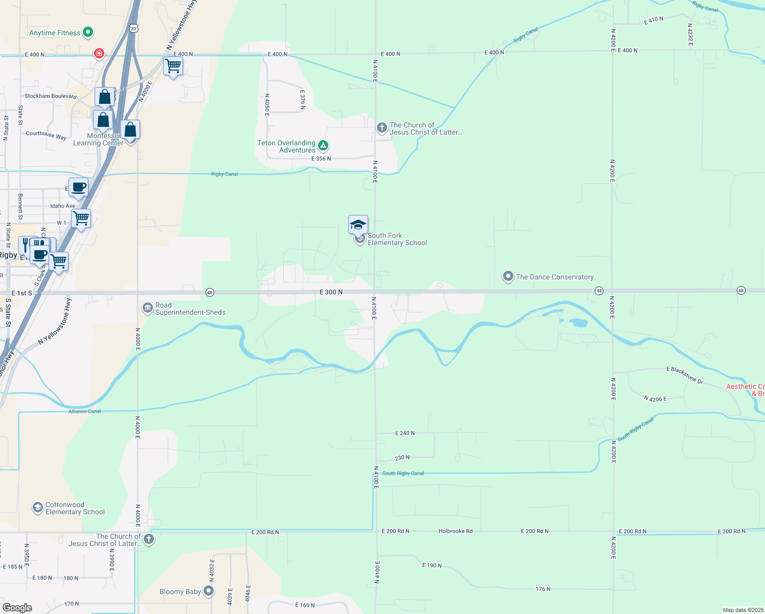 map of restaurants, bars, coffee shops, grocery stores, and more near 292 North 4100 East in Rigby