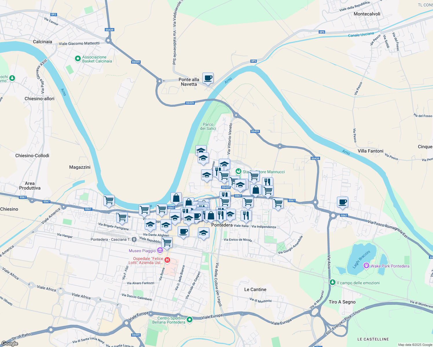map of restaurants, bars, coffee shops, grocery stores, and more near 31 Via Milano in Pontedera