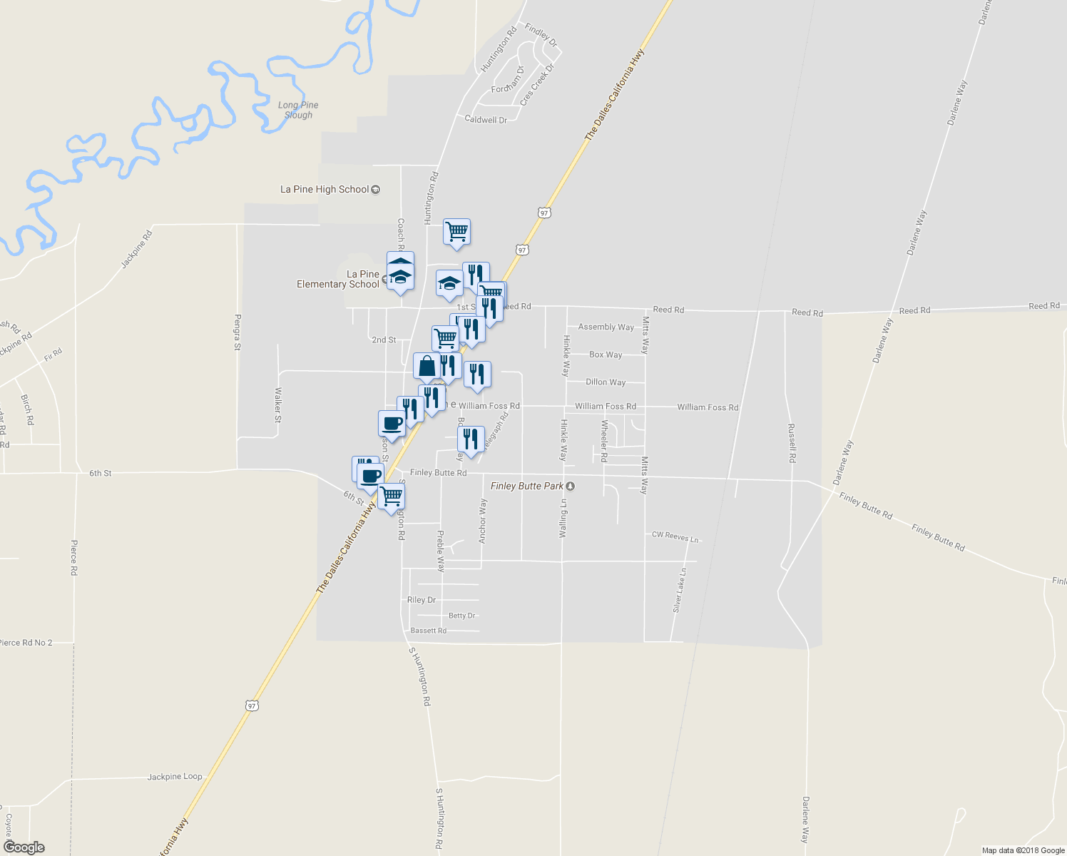 map of restaurants, bars, coffee shops, grocery stores, and more near 51456 Evans Way in La Pine