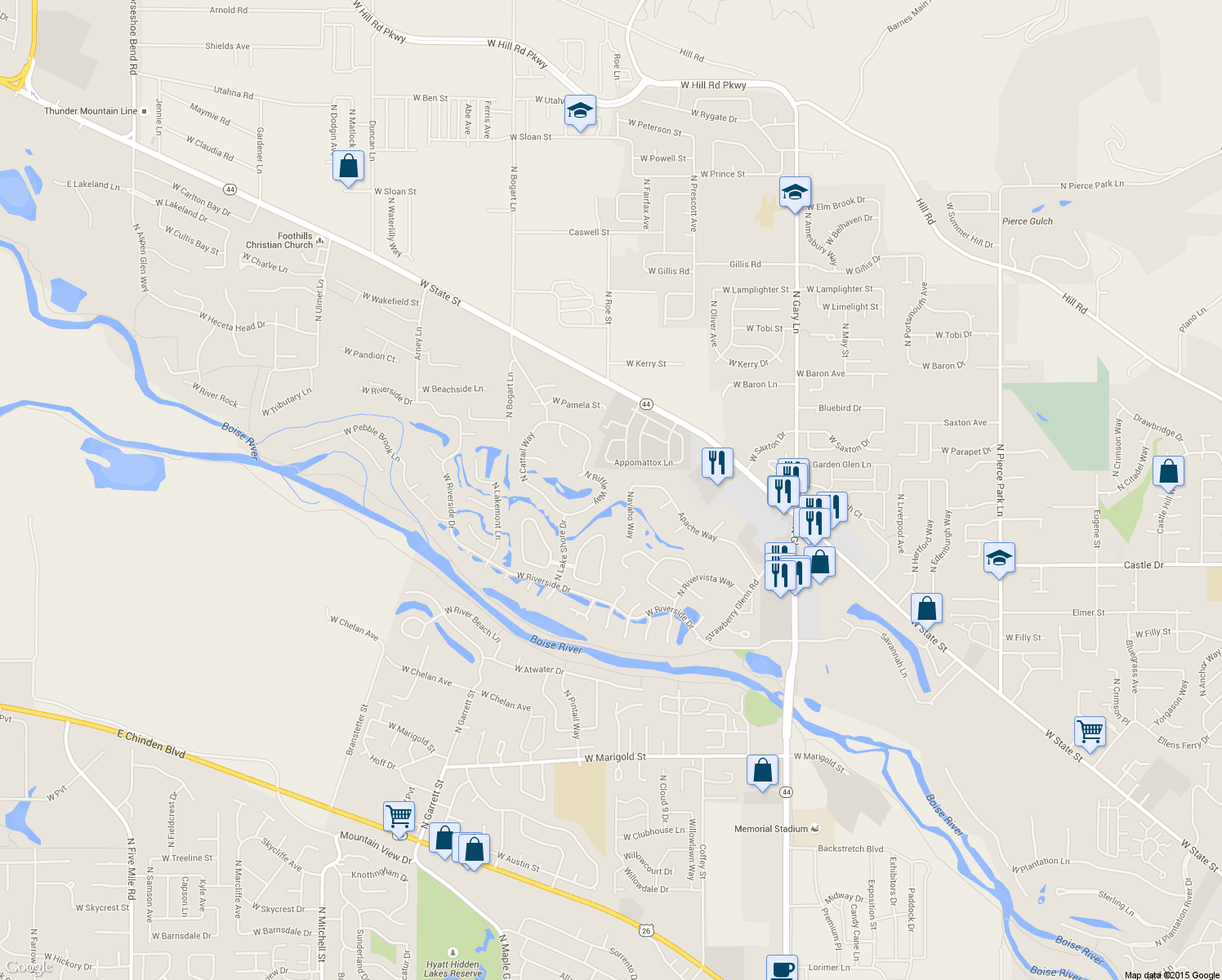 map of restaurants, bars, coffee shops, grocery stores, and more near 5400 North Riffle Way in Garden City